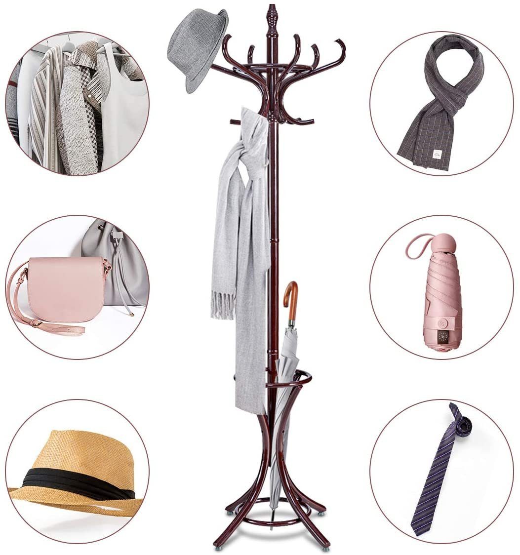 12 COSTWAY und Garderobenständer, Braun 184cm, Kleiderhaken mit Schirmständer