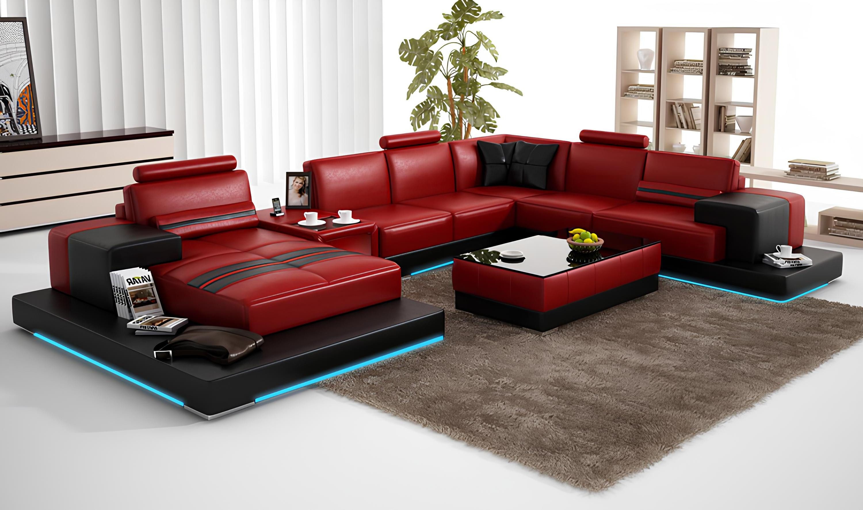 Wohnlandschaft Modernes Ledersofa mit USB-Anschluss das als Eckcouch