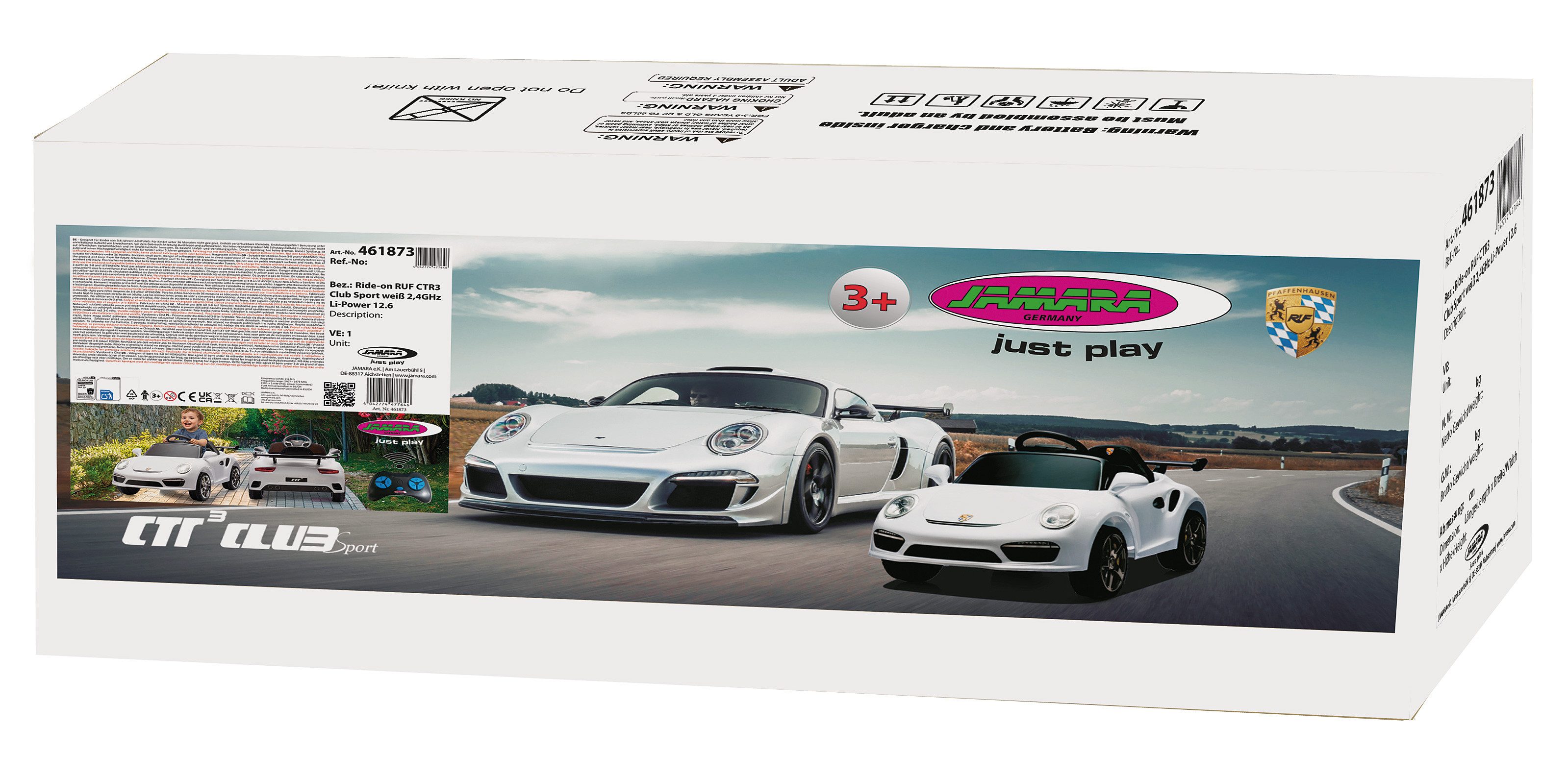 Jamara Elektro-Kinderauto Ride-on RUF CTR3 Club Sport weiß, 2,4GHz, Li-Power 12.6, Belastbarkeit 30 kg, mit Licht und Sound