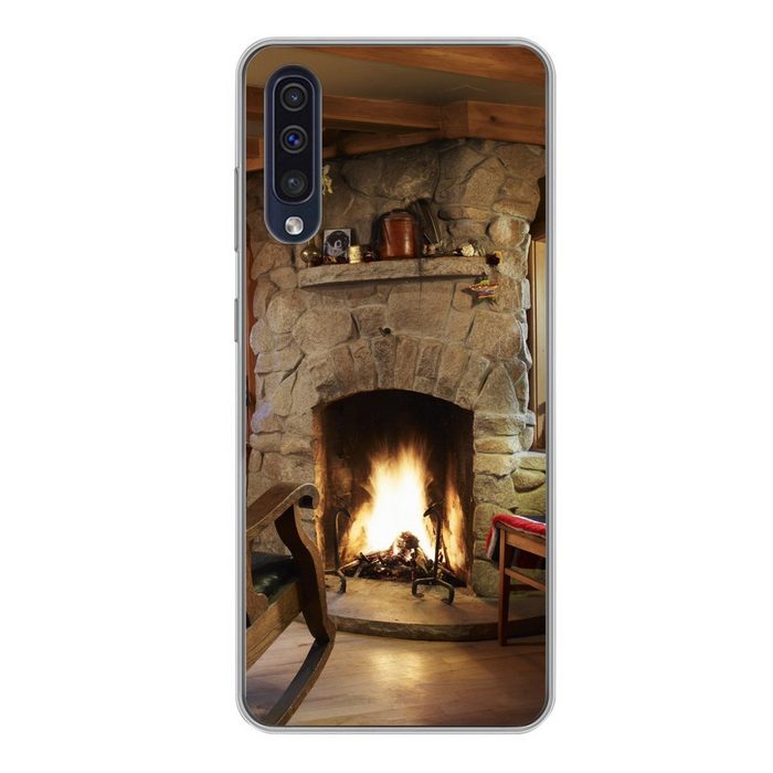 MuchoWow Handyhülle Brennendes Feuer in einem Kamin Handyhülle Samsung Galaxy A50 Smartphone-Bumper Print Handy