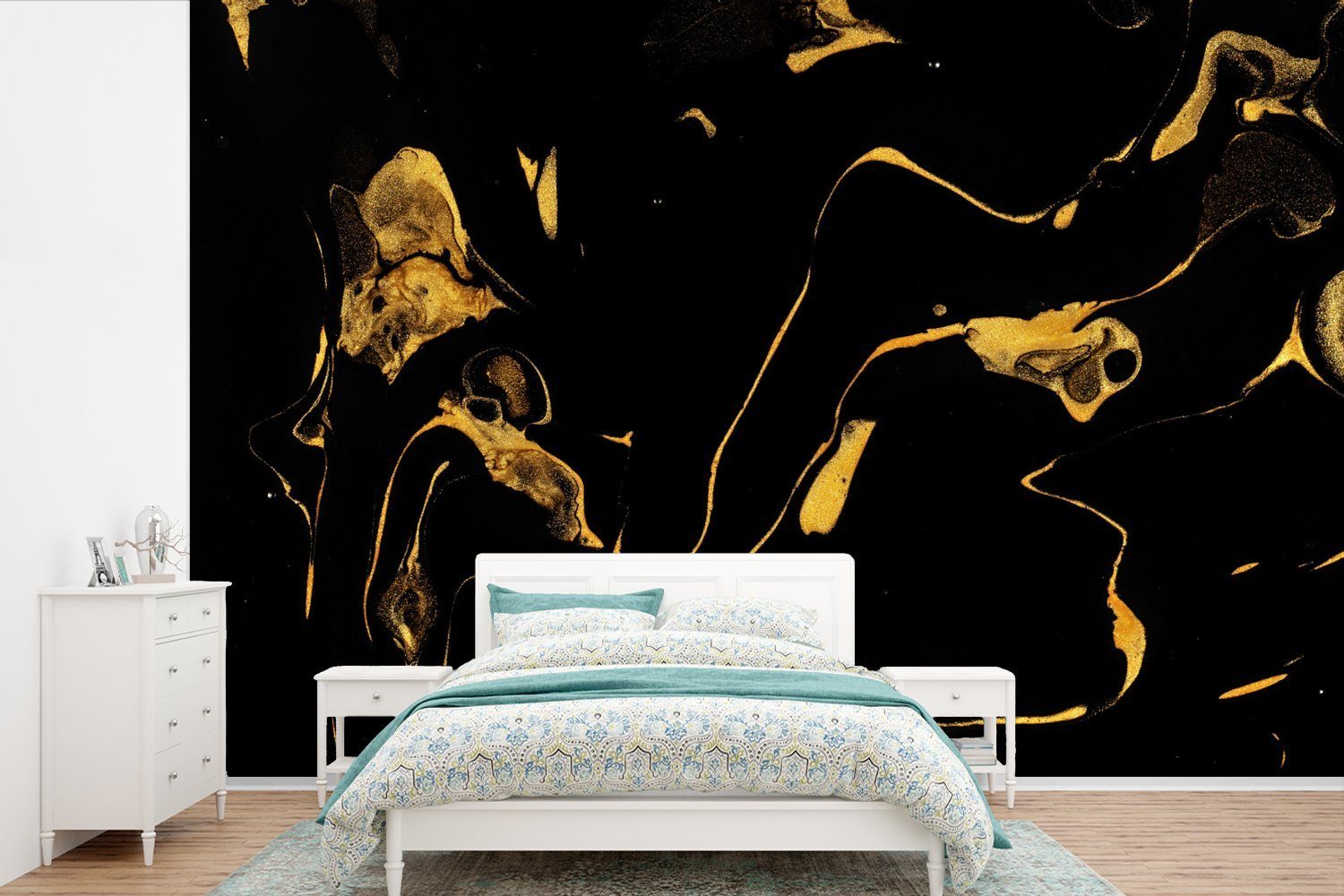 - Wohnzimmer, Schlafzimmer, (6 Tapete MuchoWow Wallpaper Muster Gold Vinyl Matt, Kinderzimmer, - bedruckt, St), Schwarz, Fototapete für