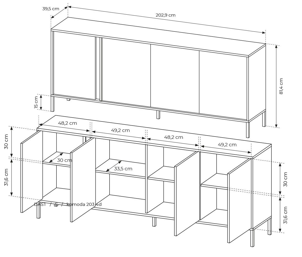 Feldmann-Wohnen Sideboard Dast (Dast, 1 St., Sideboard), 203x39,5x81cm beige 4-türig