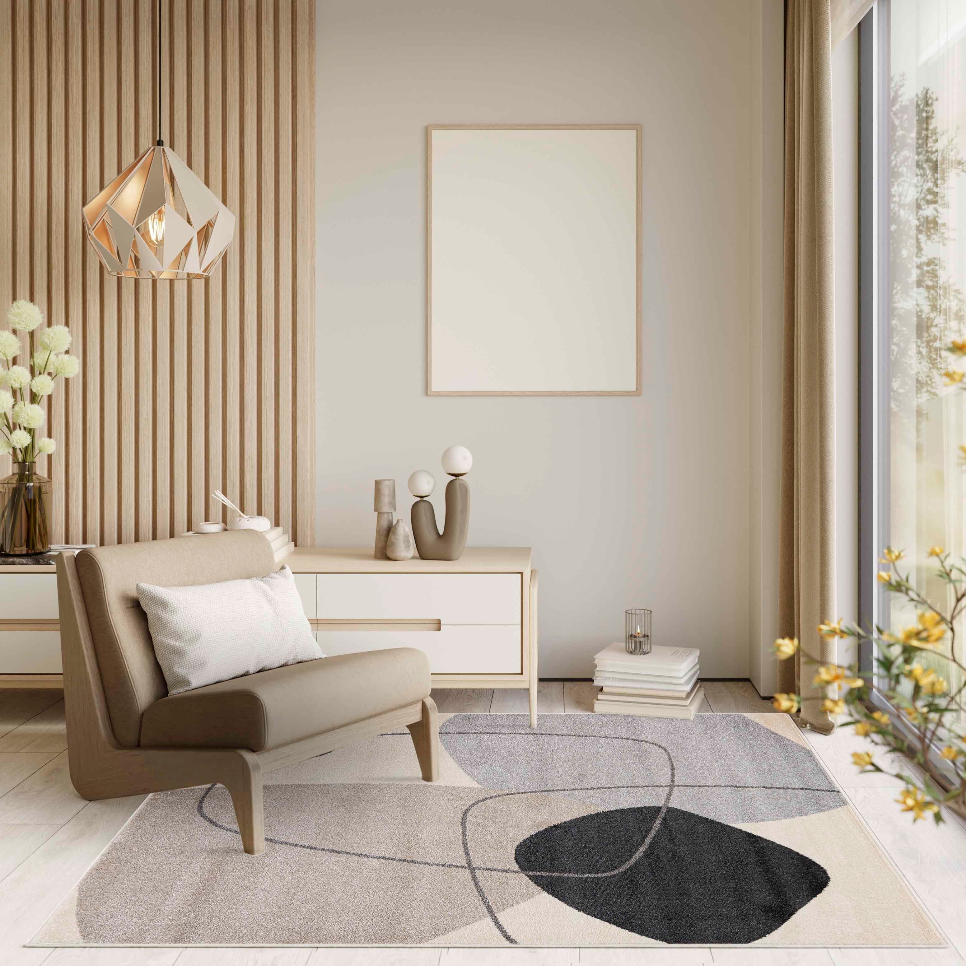 Mazovia Designteppich Modern Teppich Kurzflor Wohnzimmerteppich Japandi Scandi Beige Grau, 80 x 150 cm, Fußbodenheizung, Allergiker geeignet, Farbecht, Pflegeleicht