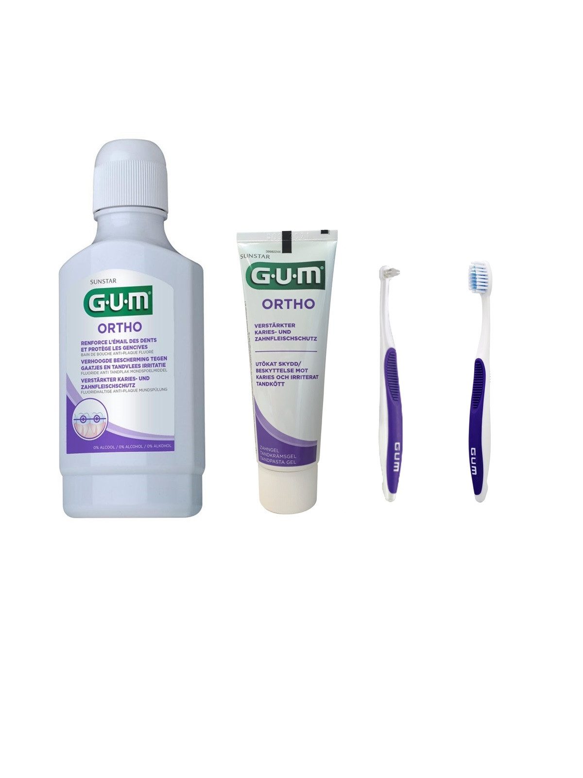 GUM Zahnpasta GUM Set Ortho Mundspülung + Zahnpasta + Zahnbürste + Einbüschelbürste