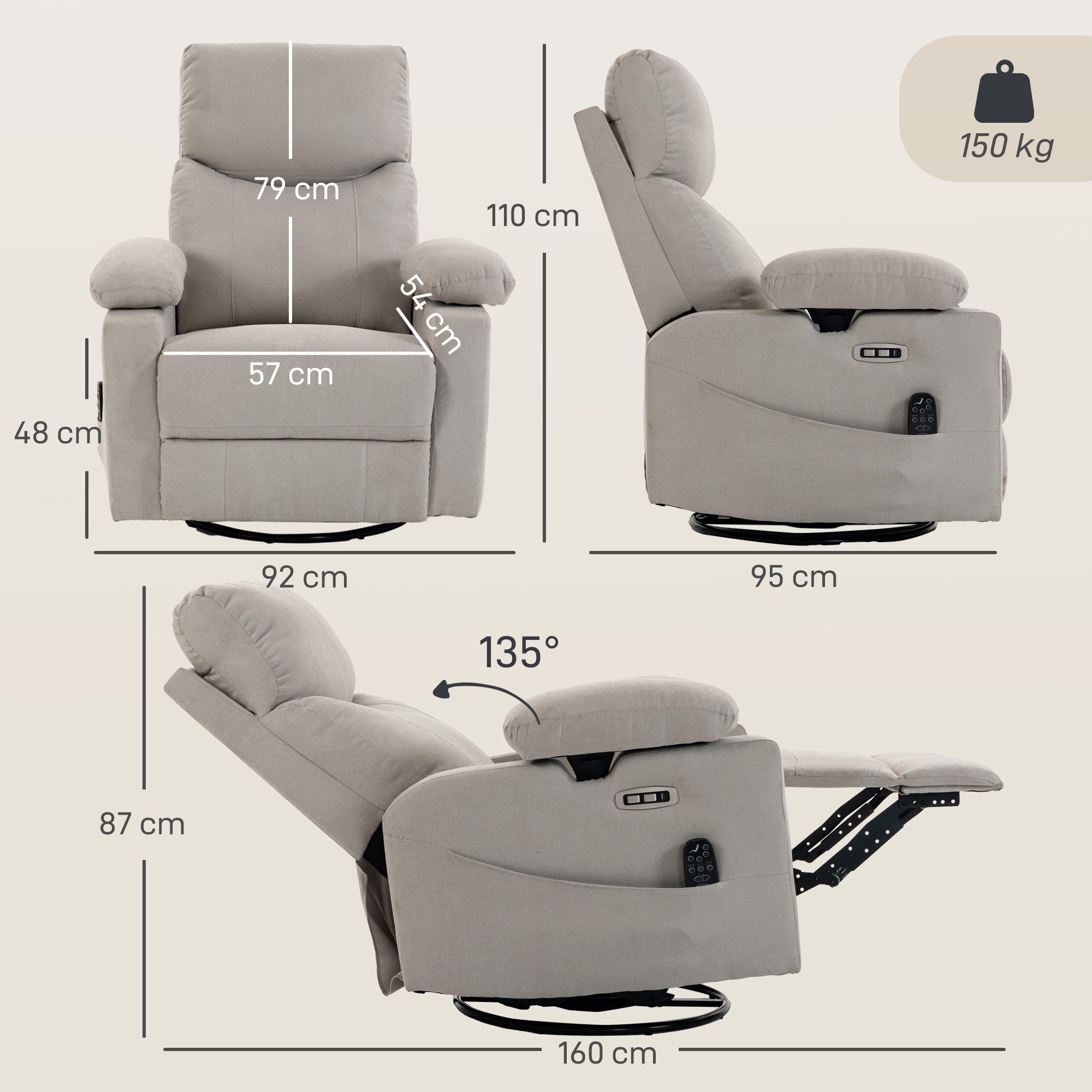 HOMCOM Massagesessel Relaxsessel mit Massage & Wärme, 270° Dreh- und Schaukelfunktion (Set, 1-St., Relaxsessel), 270° drehbar, Schaukel, 8-Punkt-Massage+Wärme – Bild 3 von 5