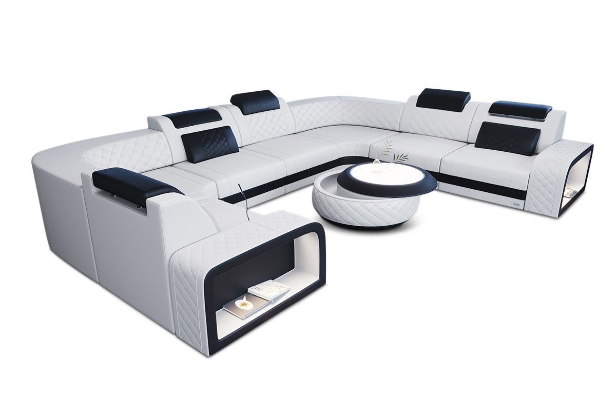 Sofa Dreams Wohnlandschaft Foggia U Form Leder, LED-Beleuchtung, Couch, 6-Sitzer, Kopfstützen, USB-Anschluss