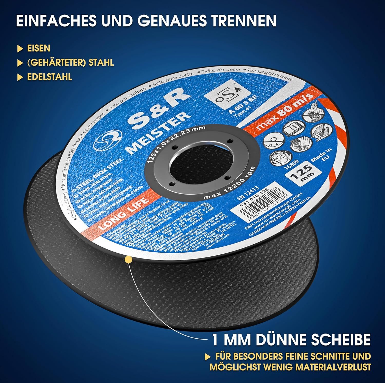 S&R Trennscheibe in Profi-Qualität, Made in EU, für Metall, Stahl, Edelstahl/INOX, (Set, 25 - teilig), 125 x 1,0 x 22,23 mm, Flexscheiben für Winkelschleifer, F – Bild 4 von 5