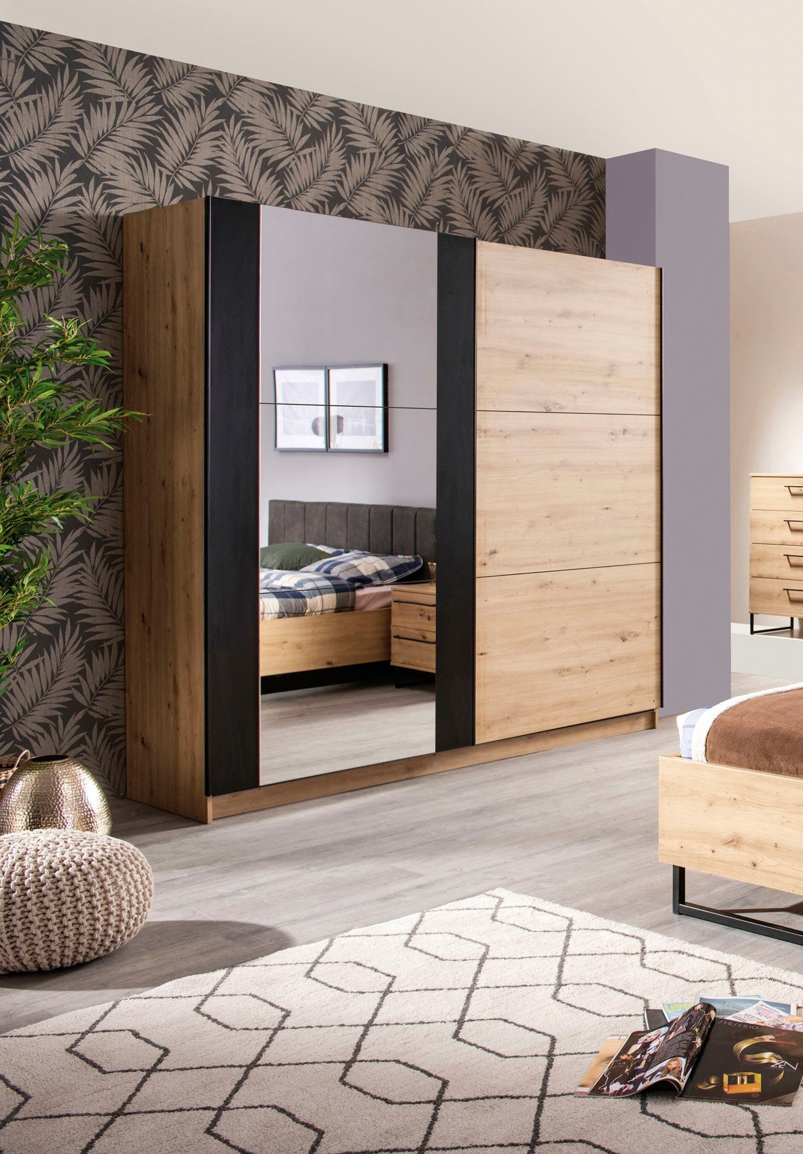 Home affaire Schwebetürenschrank Sardinia, Kleiderschrank mit Spiegel, FSC®-zertifiziert inklusive Inneneinteilung, 217x210x62,5cm, ABS Schutzkanten