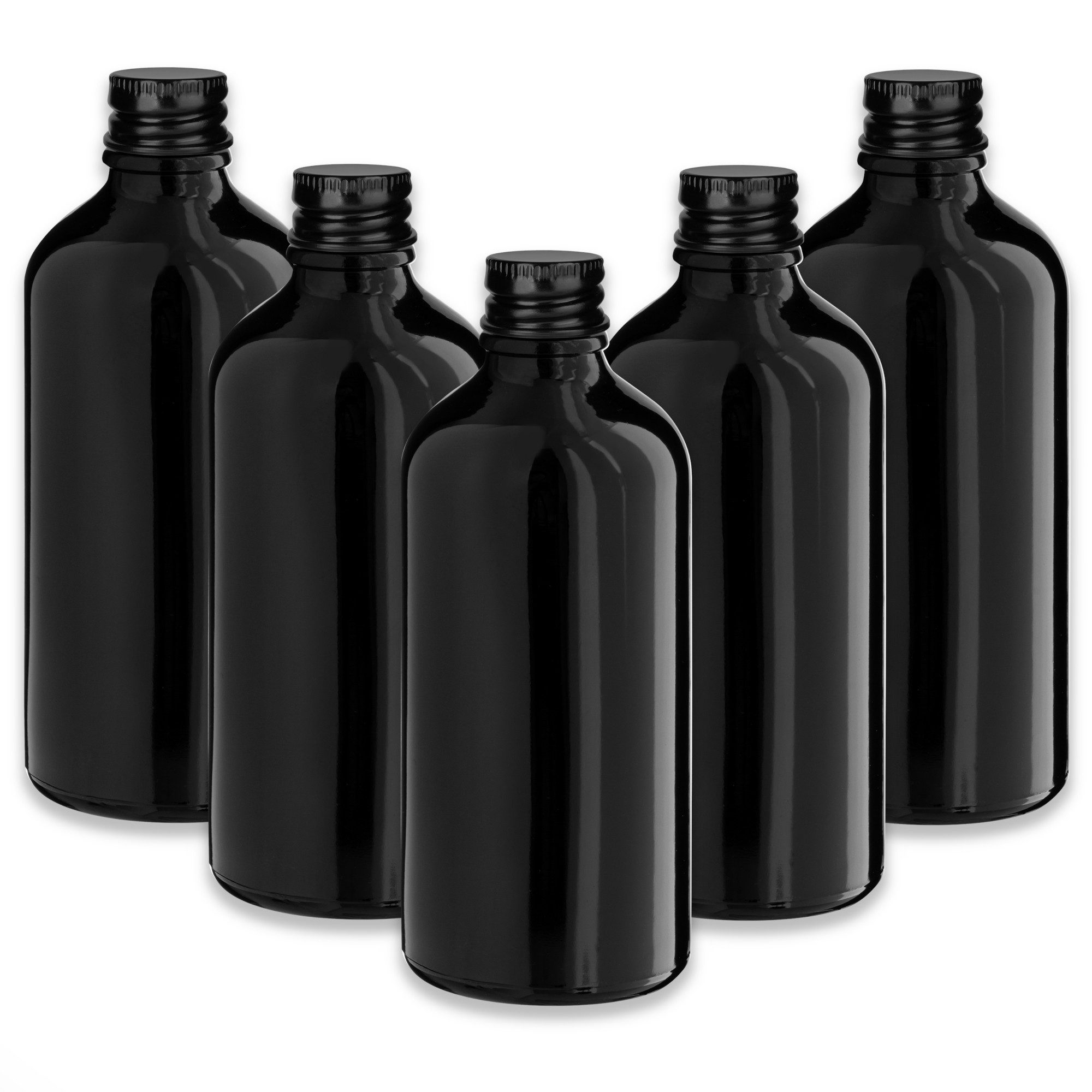 Leerglas 5x Schwarze Glasflasche 100 ml mit schwarzem Aluminiumverschluss leer
