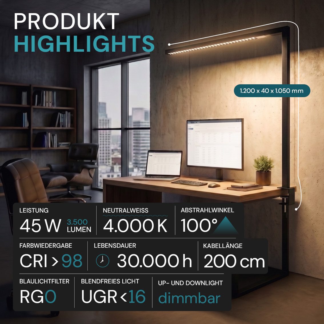LUXULA LED Klemmtischleuchte Büro-Klemmleuchte, LED fest integriert, 4000K Neutralweiß, 45W Arbeitsplatzleuchte Weiß Up and Down Dimmbar Touchsteuerung
