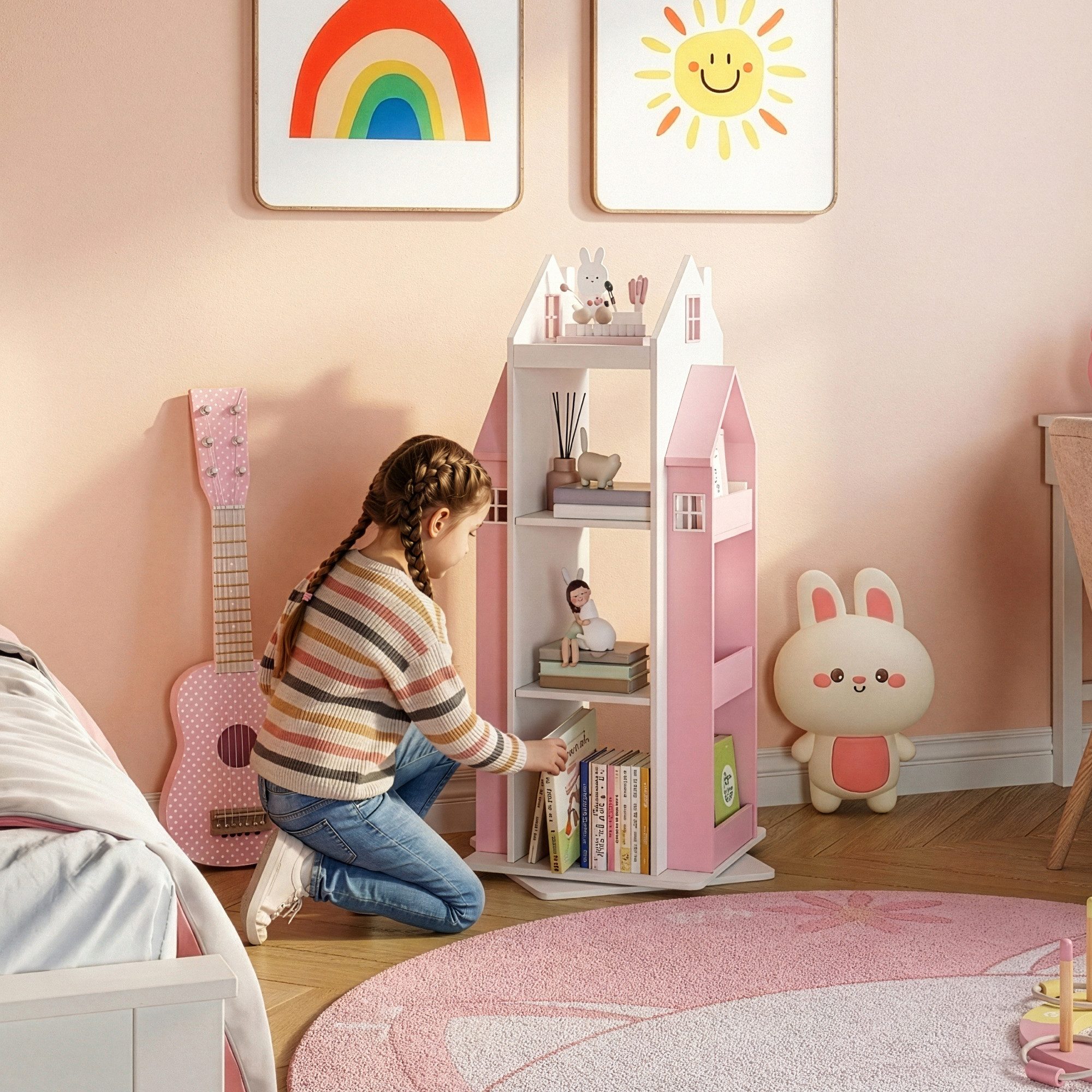 en.casa Kinderregal, drehbar »Vipsali« in Hausdesign 108x40x40 cm Rosa/Weiß