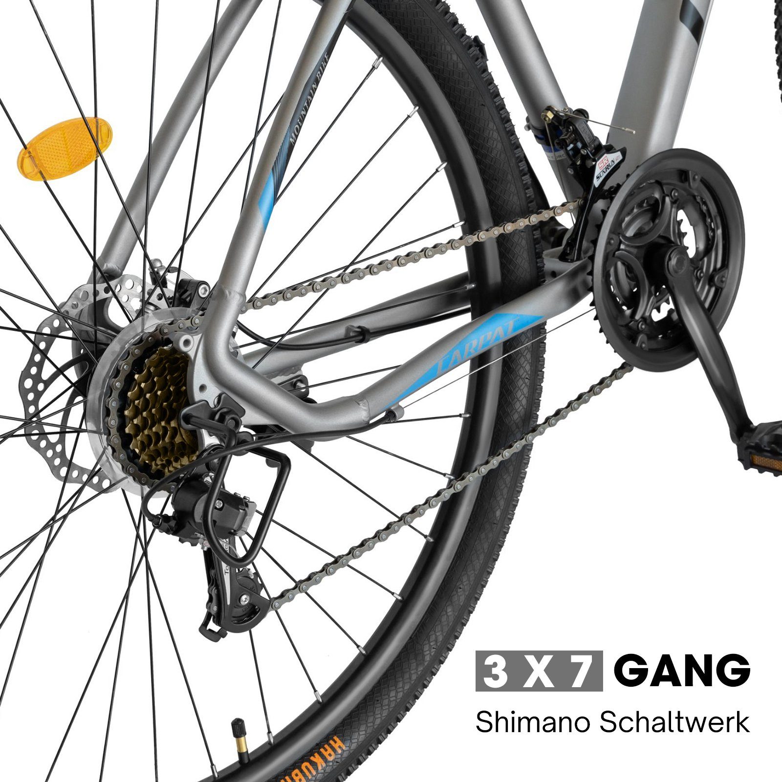 Mechanische Mountainbike Rahmen, Schaltwerk, für MTB Shimano Scheibenbremse), (Aluminium Fahrrad Zoll Hardtail CARPAT Damen, 27,5 29 Tourney SPORT Fahrrad Gang Herren 26 Grau Kettenschaltung, 21