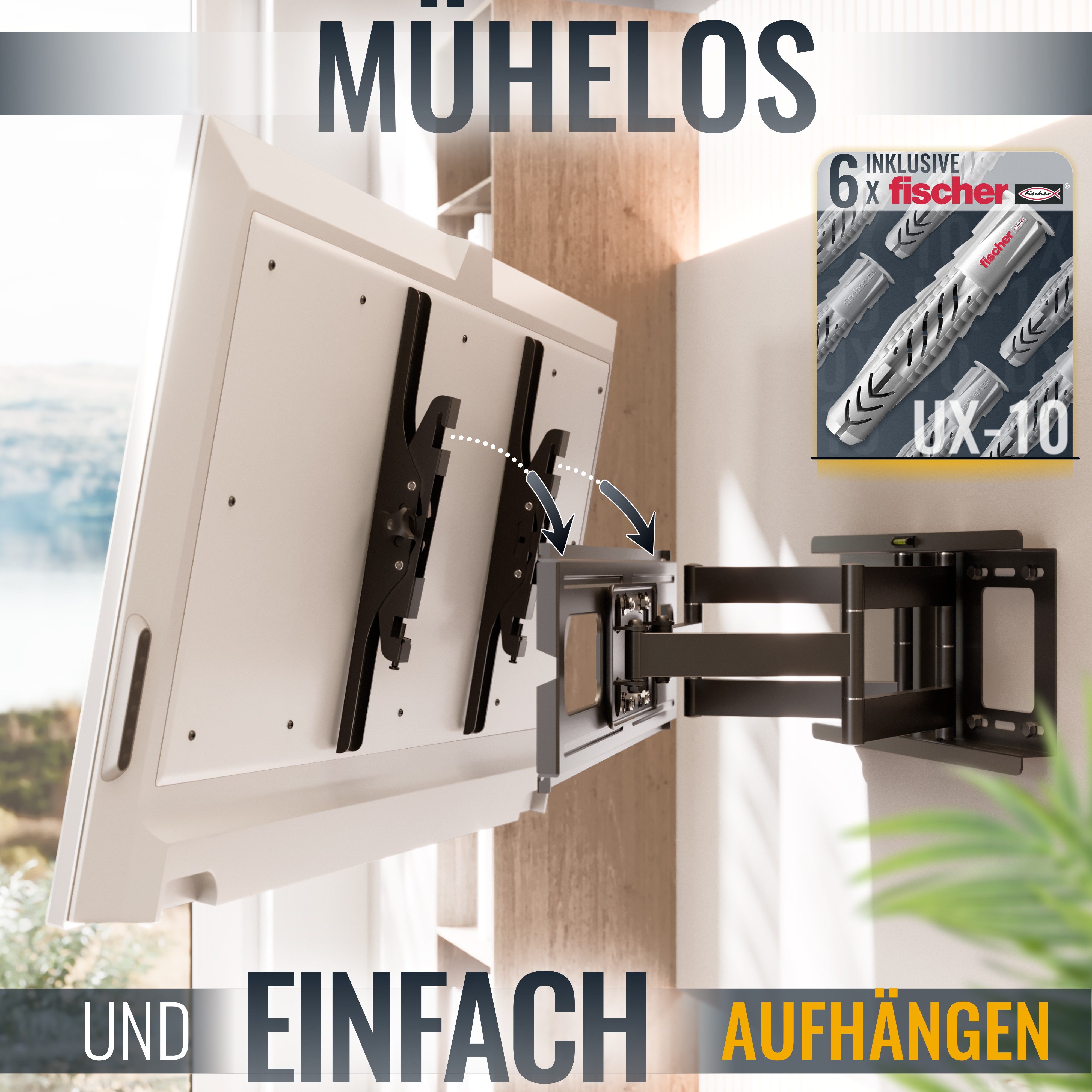 RICOO TV-Wandhalterung Fernseh Halterung 55" 65" 75" 85" max 95 Kg schwenkbar R06-F, (bis 85 Zoll, VESA 200x200 bis 600x400, 1-tlg., inkl. FISCHER® Dübel vollbeweglich ausziehbar 40 Zoll bis 85 Zoll, bis 15° Neigung, bis zu 120° Schwenkung, Fernseher Halter universal)