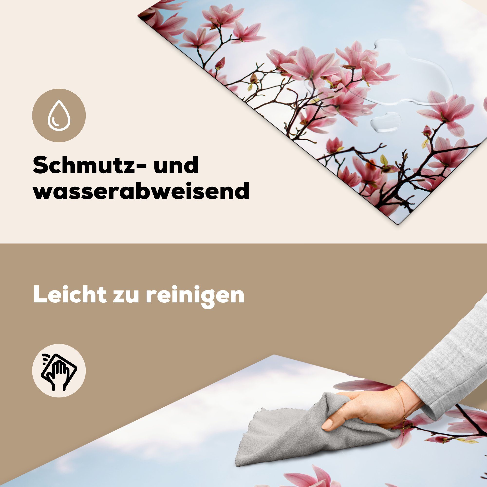 cm, die Magnolienblüten, Rosa Vinyl, Herdblende-/Abdeckplatte Ceranfeldabdeckung (1 81x52 küche, Induktionskochfeld tlg), MuchoWow für Schutz