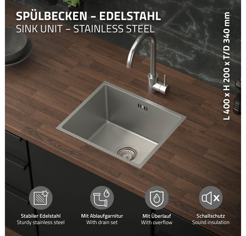 Thumbnail - ML-DESIGN Küchenspüle Spülbecken aus Edelstahl, mit Ab- und Überlaufgarnitur & Siphon, 34/40 cm, Silber Einzelbecken Was...