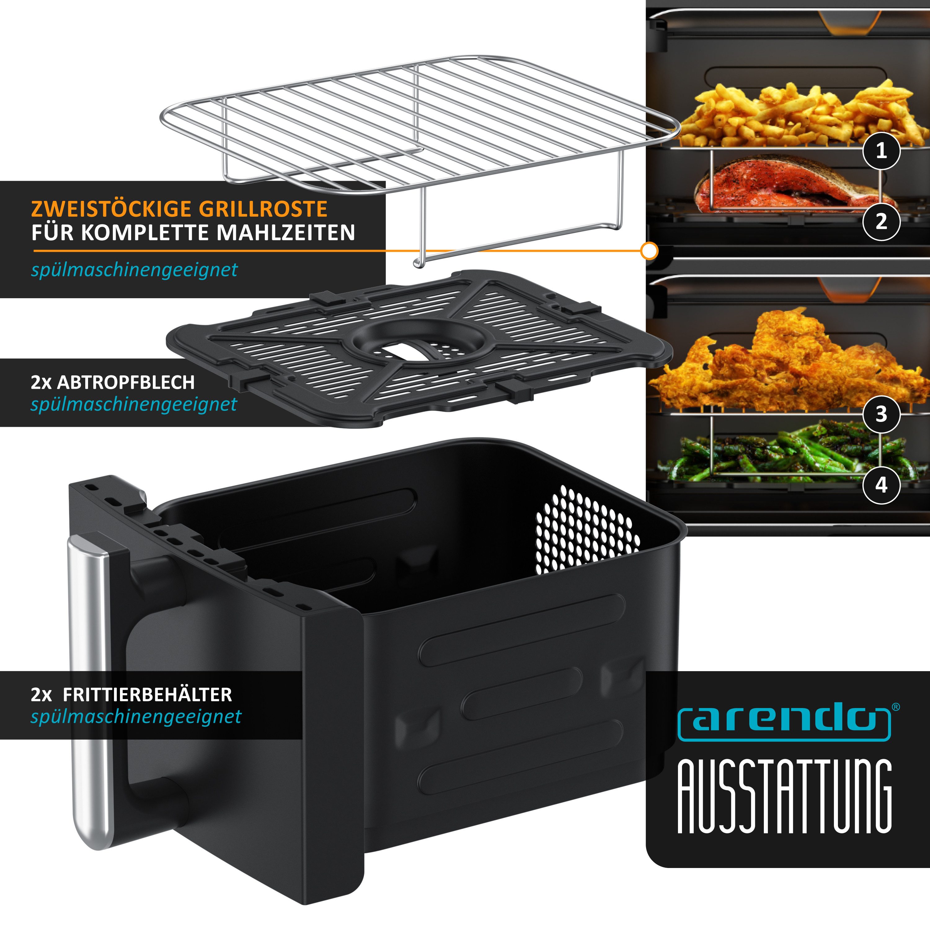 Arendo Heißluftfritteuse mit 2 Kammern Übereinander, XXL Doppelkammer Airfryer 11L, Dual Zone, 2400 W, mit Zubehör, Umluft Backofen, Edelstahl, fettarmes gesundes Kochen