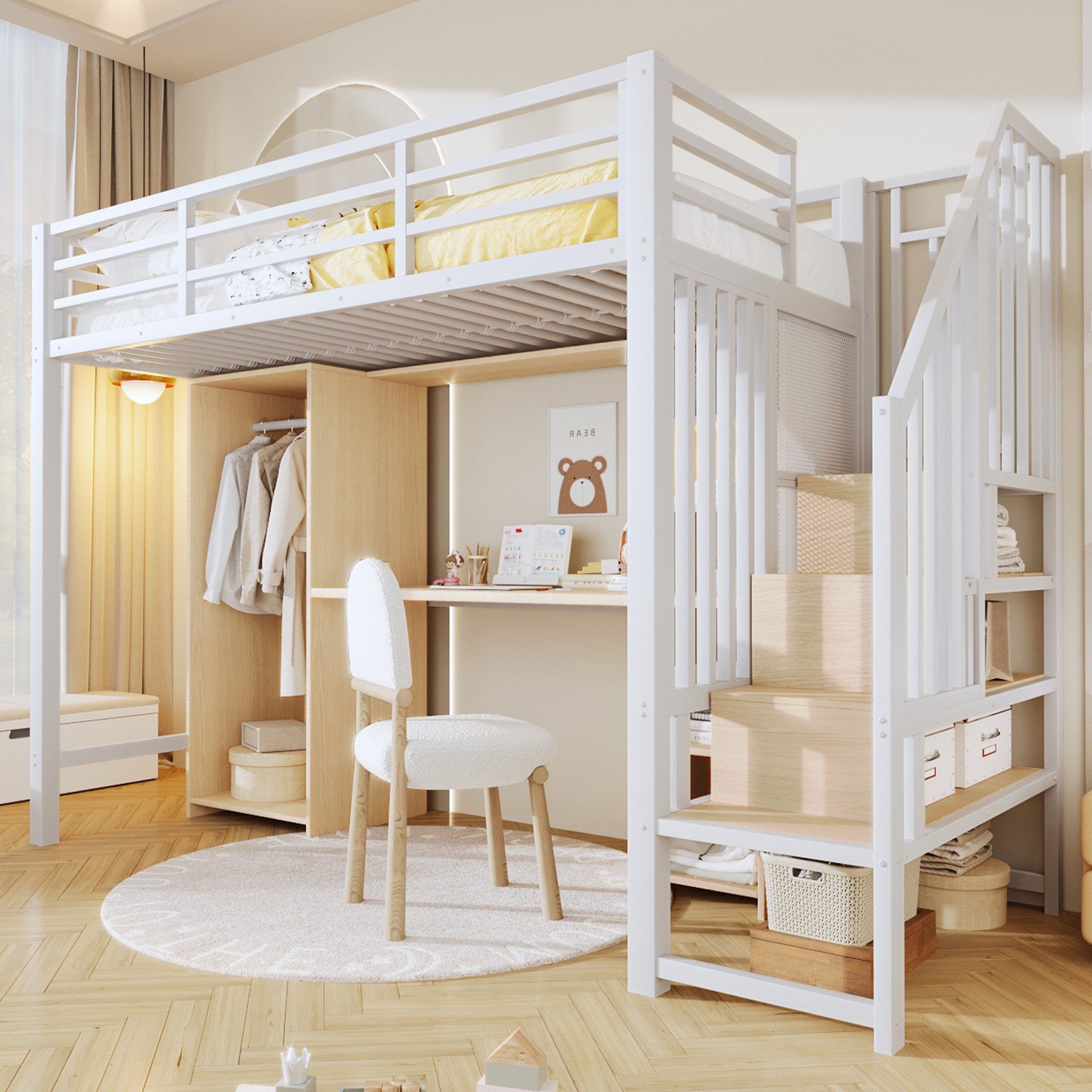 Ulife Hochbett 90 x 200 cm, Eisenrahmen, mit Stauraum, Kleiderschrank, Schreibtisch Treppenkonstruktionen mit Stauraum, Weiß, ohne Matratze