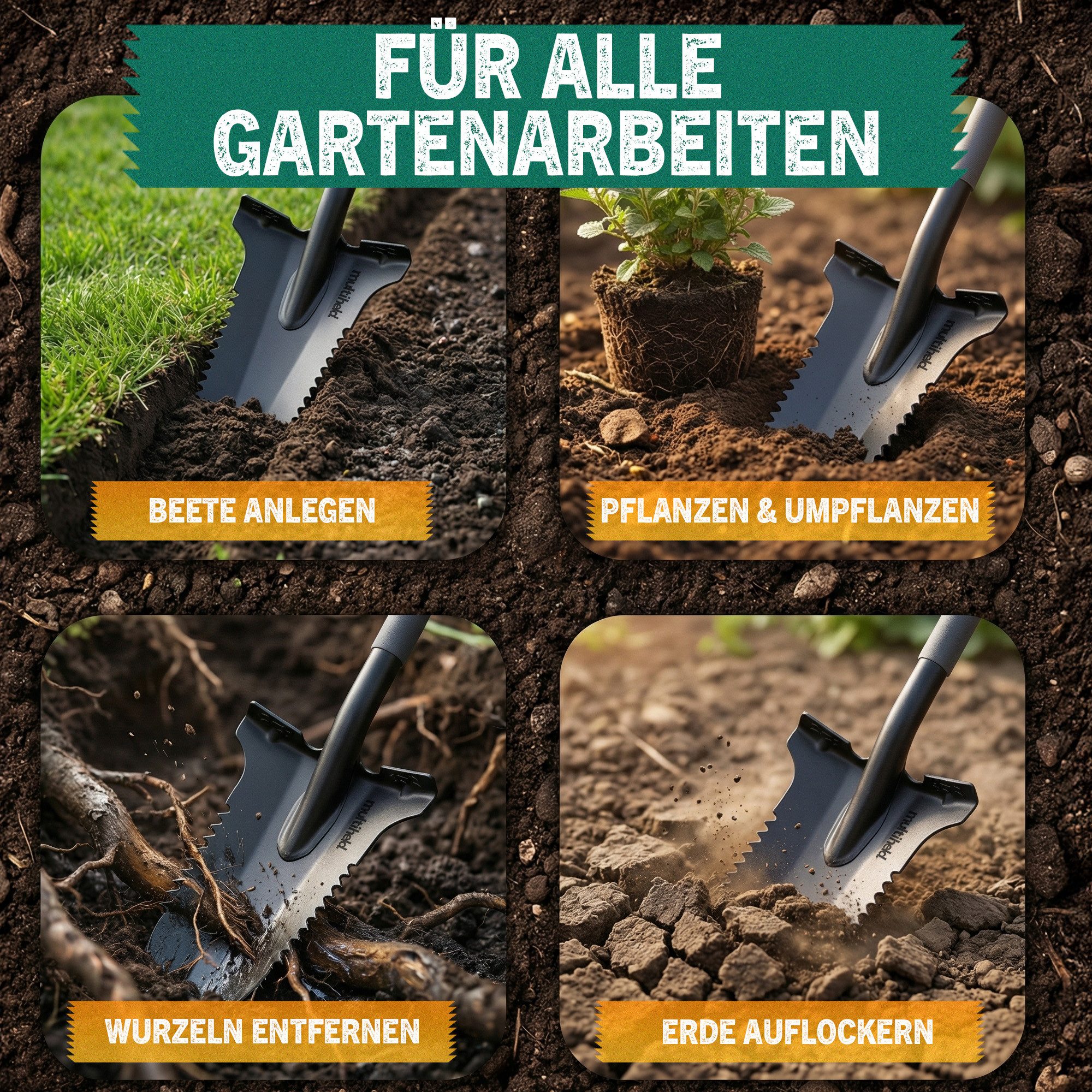 Multiheld Spaten Wurzelspaten mit Säge 120cm, 1050Mn Stahl, ergonomisch, (Robustes Gartenwerkzeug, 1-St), ergonomischer Softtouch-Griff, extra breite Trittkante – Bild 5 von 5