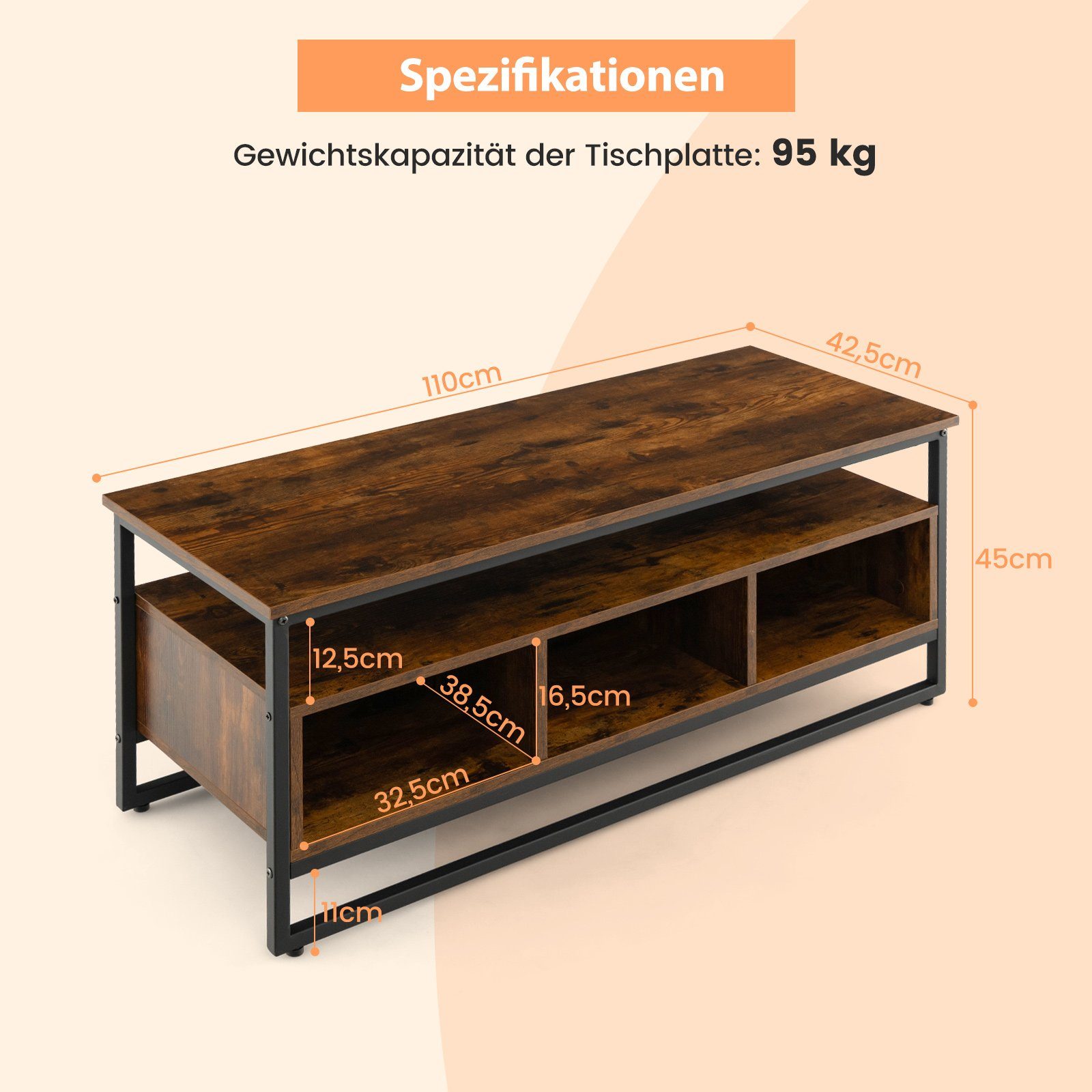 COSTWAY Couchtisch, Holz, Stahlrahmen, mit 110x42,5x45cm Fächern, 3 Regal &