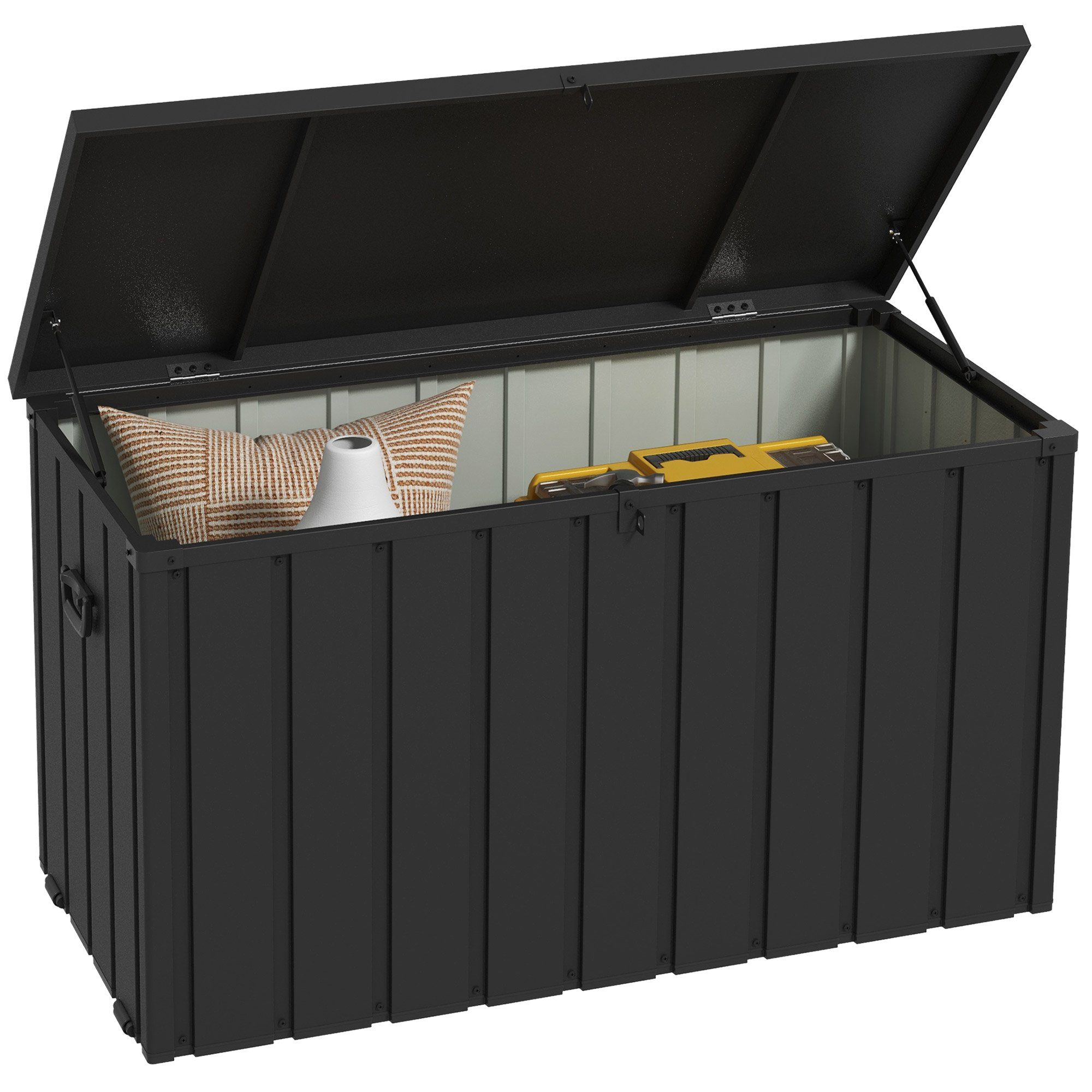 Outsunny Gartenbox Auflagenbox 450L Aufbewahrungsbox mit Gasdruckfedern  (Truhe mit Rollen, 1 St., Aufbewahrungskiste), für Garten, Balkon, Stahl,  Dunkelgrau
