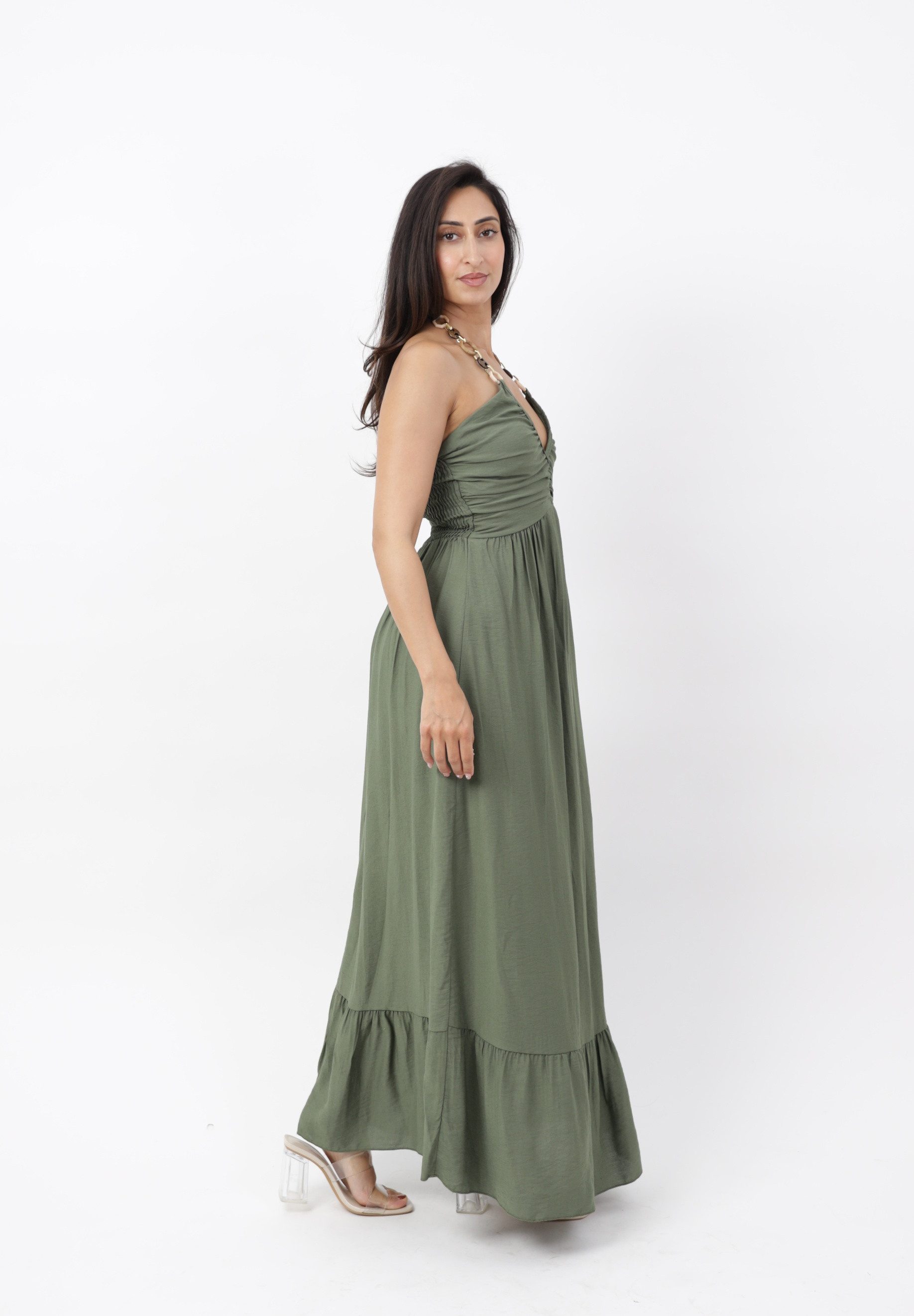 Elara Maxikleid Damen Maxikleid mit Neckholder, Schmuckringen und gerafftem Oberteil (1-tlg)