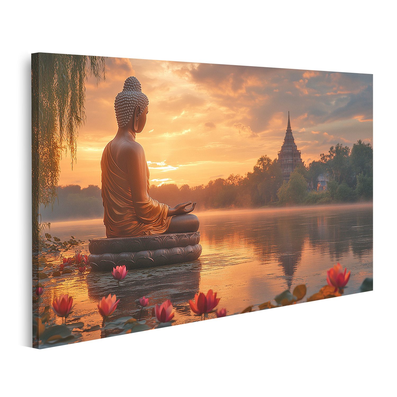 islandburner Leinwandbild Buddha am See bei Sonnenuntergang ruhige Lotusblü günstig online kaufen