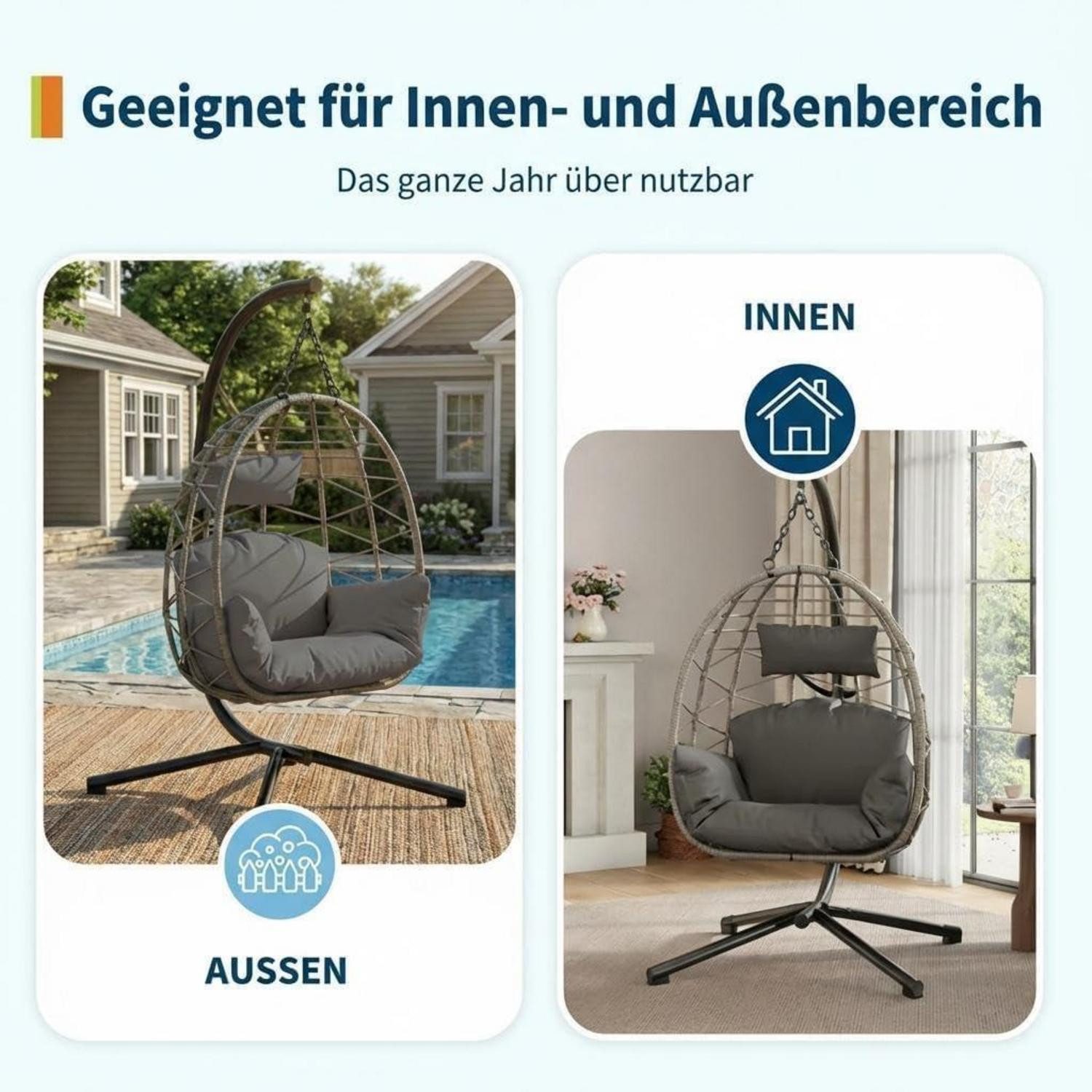 LuxusKollektion Hängesessel Hängesessel Rattan Metallgestell klappbar wetterfest 150kg Grau