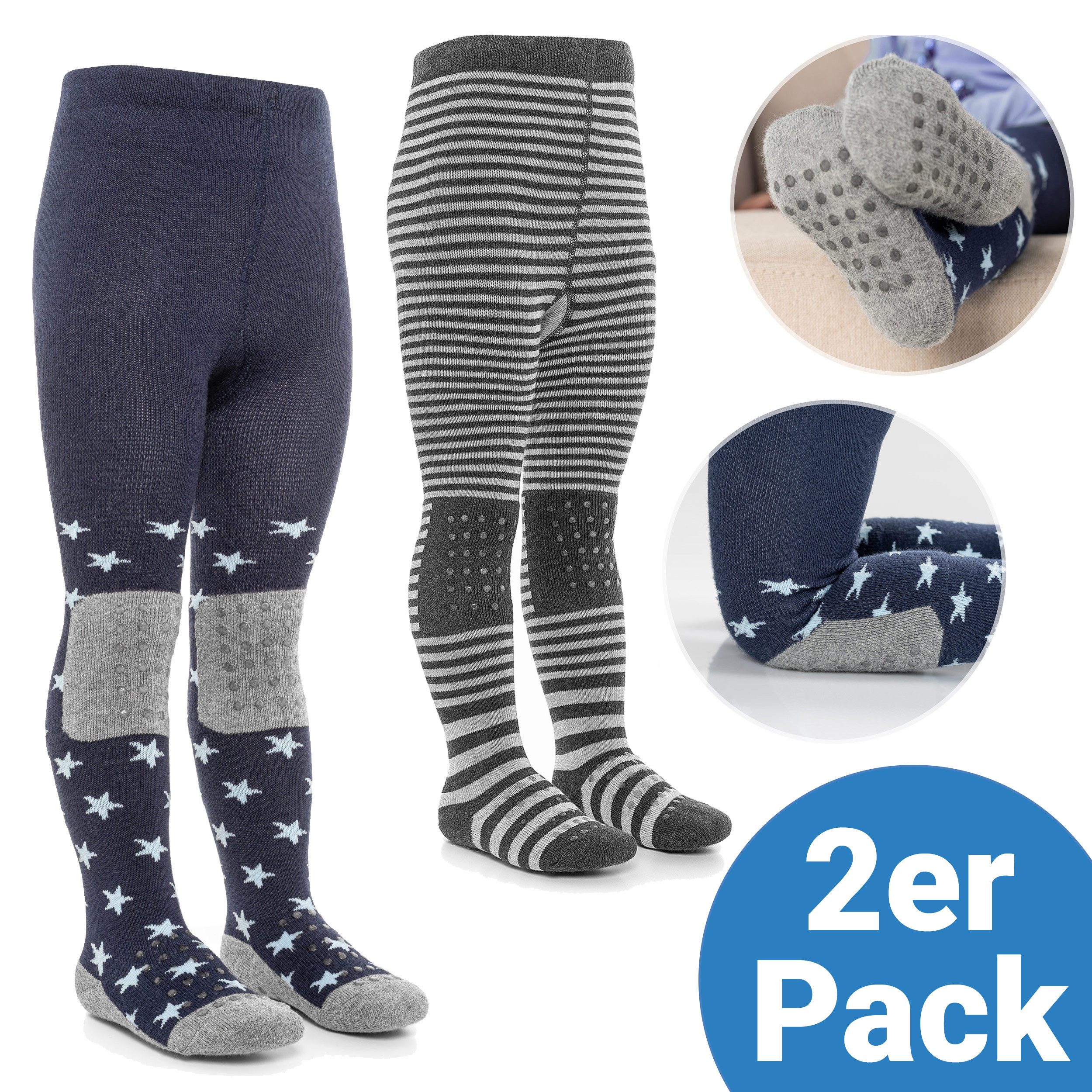 LaLoona Strumpfhose Sterne Marine & Streifen Grau 2x Baby Krabbelstrumpfhose mit ABS Sohle elastische Kinder Strumpfhose