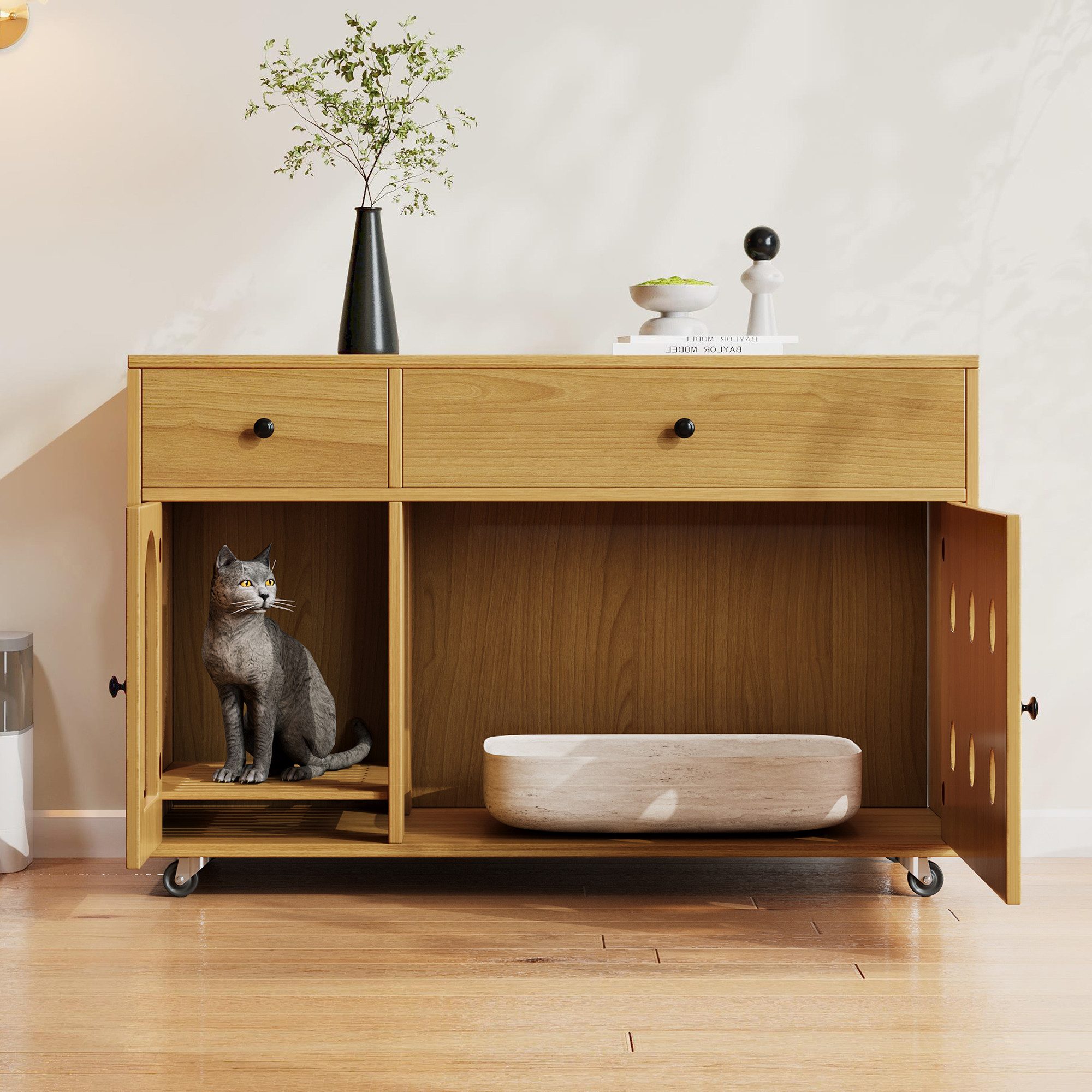 i@home Katzentoilette Katzentoilette, Katzenschrank für Katzentoilette, 100×45×66 cm, Sandfangfunktion, Versteckfunktion, Mobil, Multifunktional