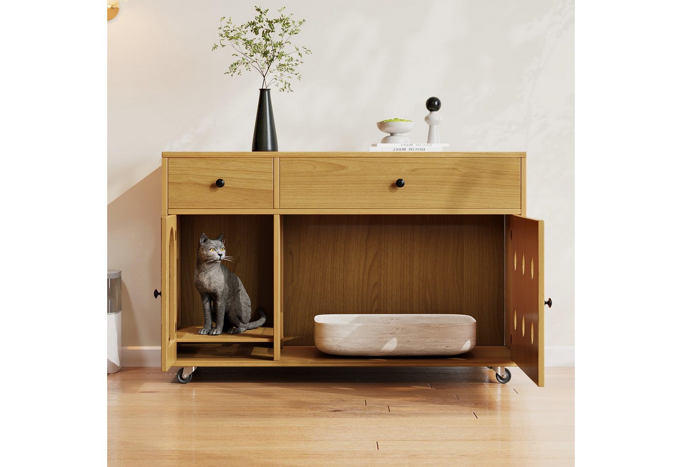 i@home Katzentoilette Katzentoilette, Katzenschrank für Katzentoilette, 100×45×66 cm, Sandfangfunktion, Versteckfunktion, Mobil, Multifunktional