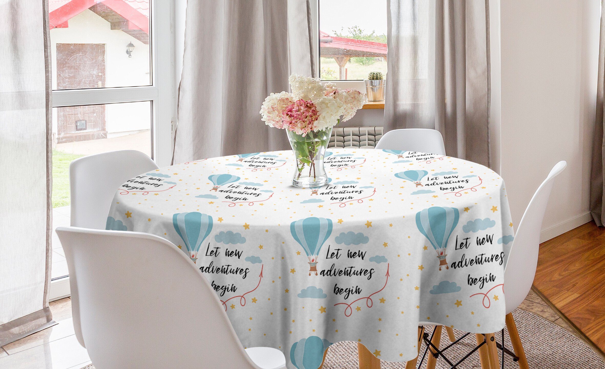 Abakuhaus Tischdecke Kreis Tischdecke Abdeckung für Esszimmer Küche Dekoration, Abenteuer Luftballon Sky Wörter