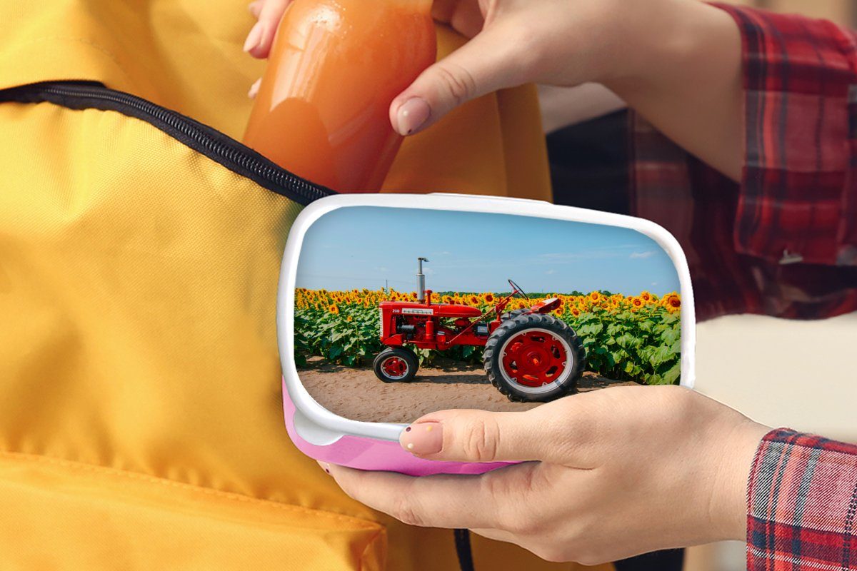 MuchoWow Lunchbox Traktor Blumen, Kinder, Snackbox, Kunststoff, für (2-tlg), Kunststoff Brotdose Rot Brotbox Bauernhof Erwachsene, Mädchen, - - rosa - Sonnenblume 
