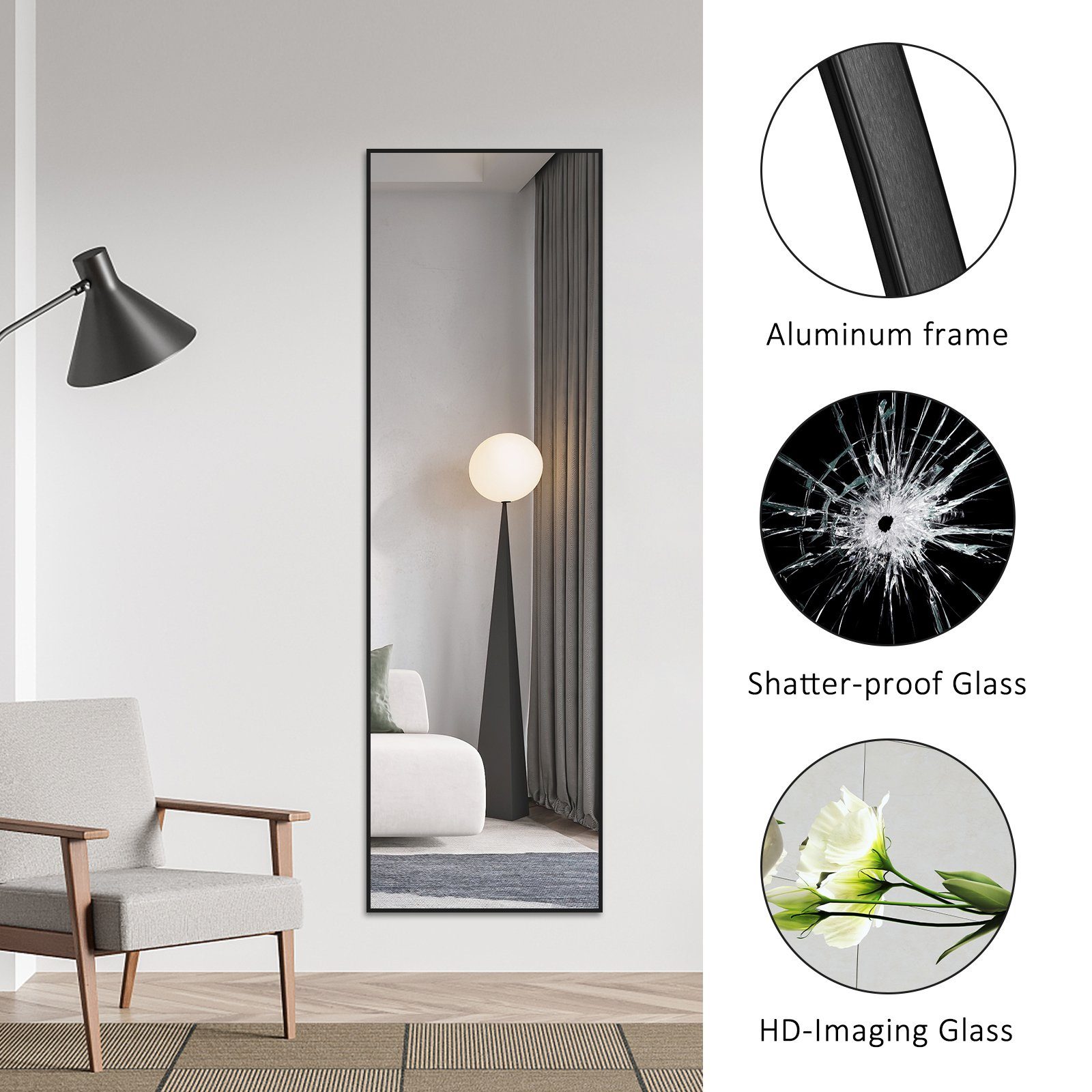 Boromal Standspiegel 150x50cm Ganzkörperspiegel Wandspiegel Spiegel groß Schwarz Alu-Rahmen (Hochspiegel eckig, mit Metall-Haken), HD Kupfer- und bleifreier Spiegel, Freistehend, Wandmontage