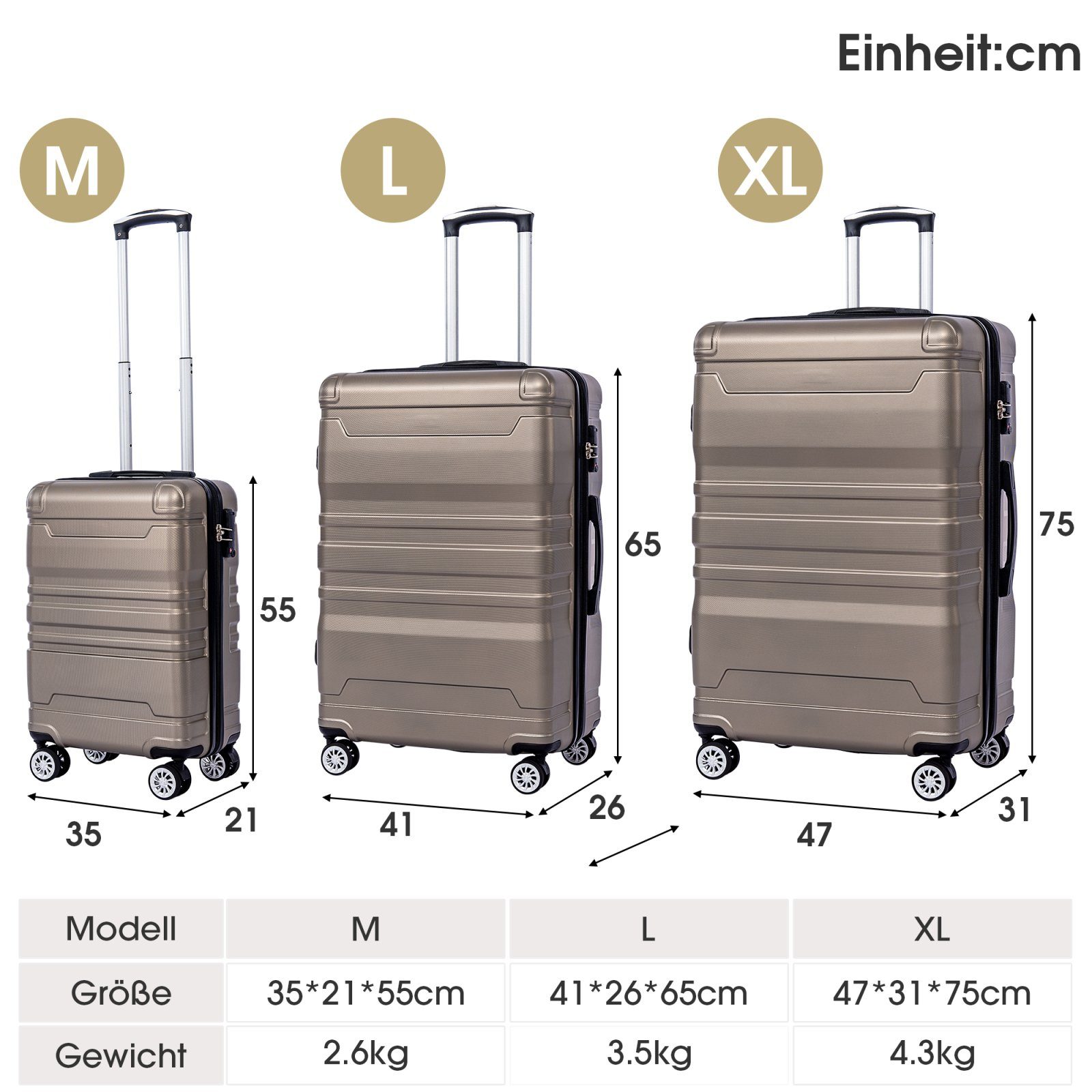 SEEZSSA Trolleyset Koffer Koffer-Set Hochwertiges mit und Hartschalen-Handgepäck, 3-teiliges TSA-Schloss Gold Universalrad
