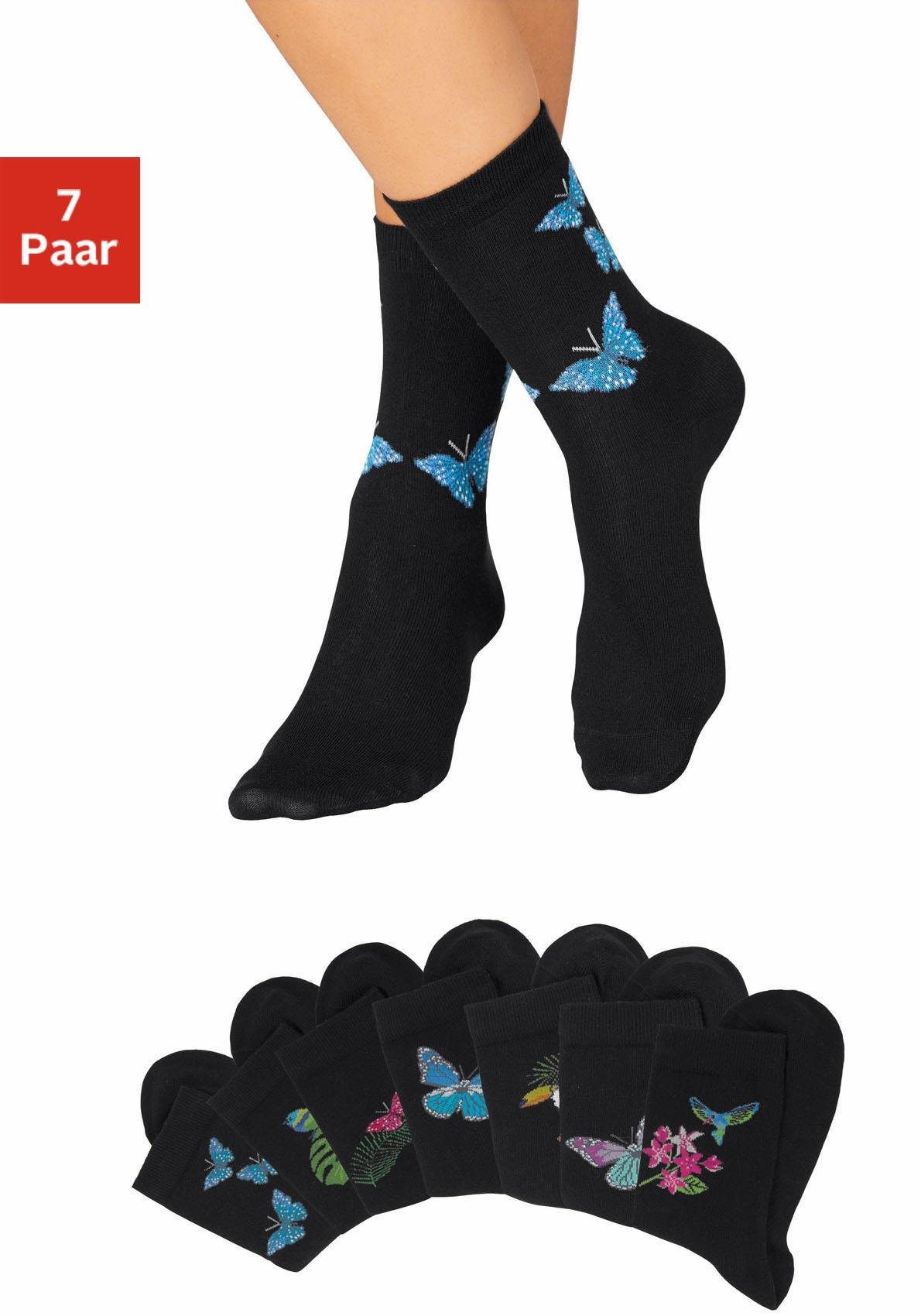 H.I.S Socken Damen lustige Motive Basic Socken für Freizeit und Alltag (Packung, 7-Paar, Gr. 58-38 bis 39-42) mit Schmetterlings- und Vogelmotiven