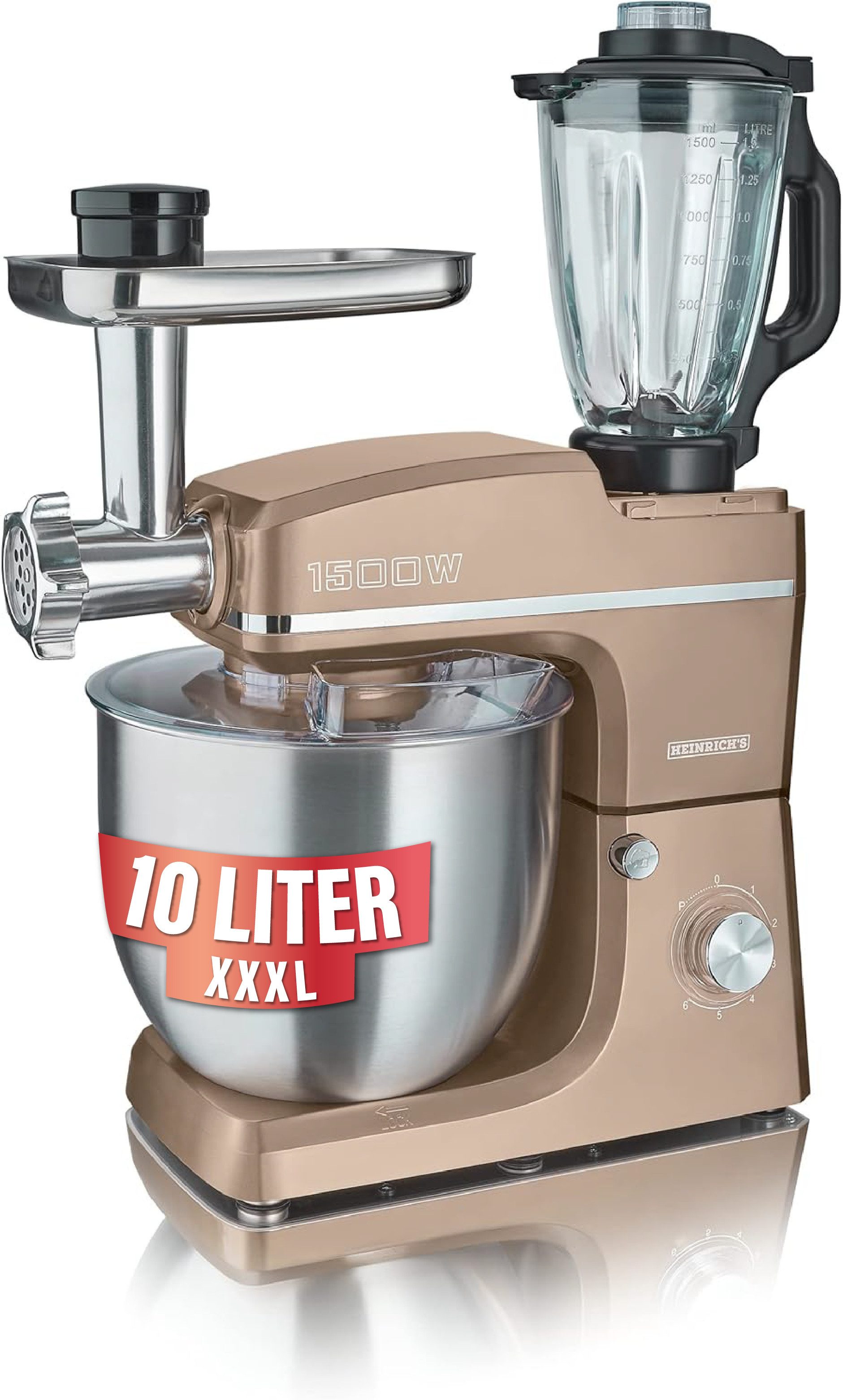 Heinrich´s Küchenmaschine, 1500 W, 10,00 l Schüssel, 6 Geschwindigkeiten, Multifunktional, XXXL