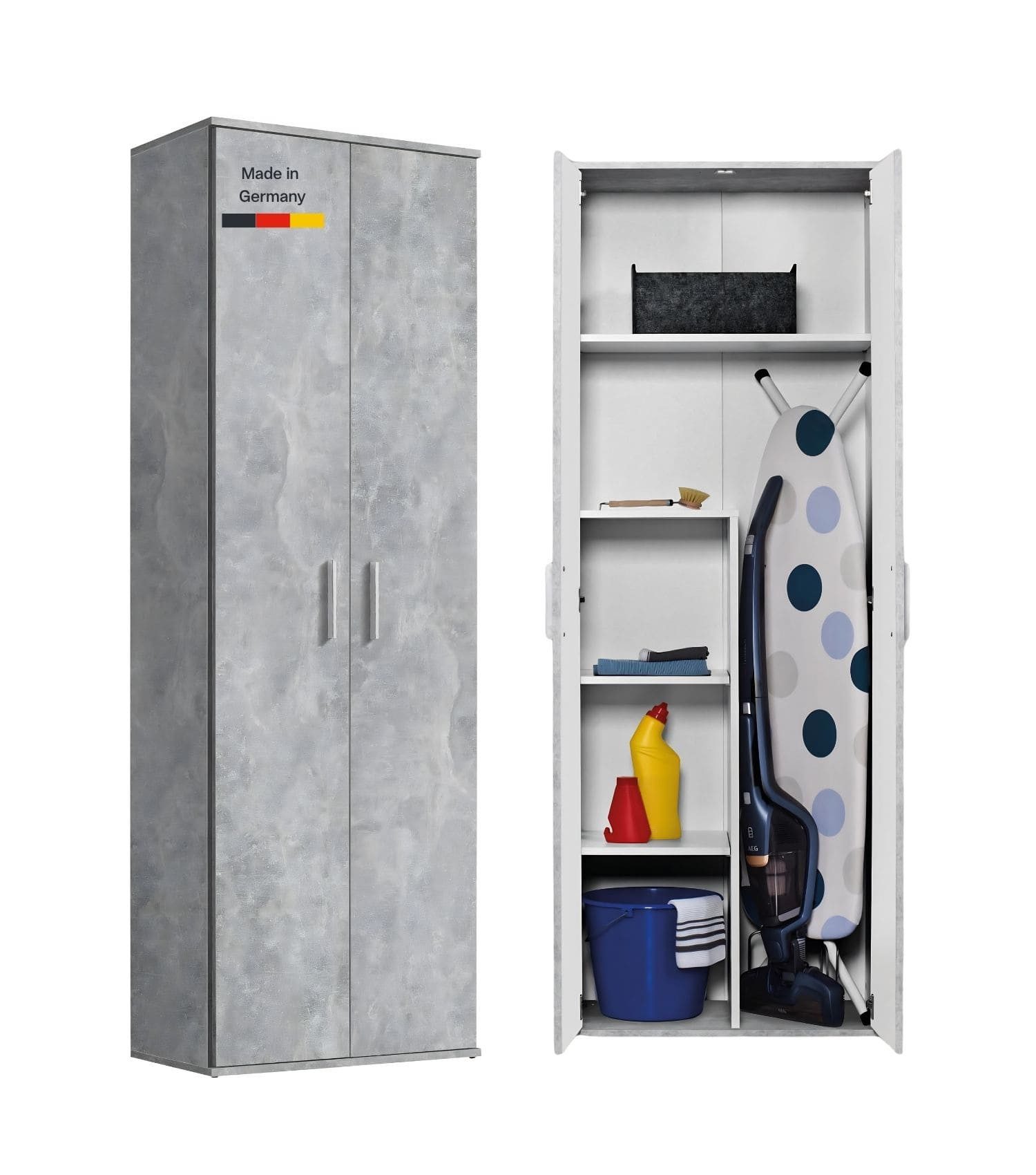 mokebo Mehrzweckschrank Der Lange (60x180 cm, mit Staubsaugerfach) Made in Germany, Besenschrank, Putzschrank, Flurschrank in Grau