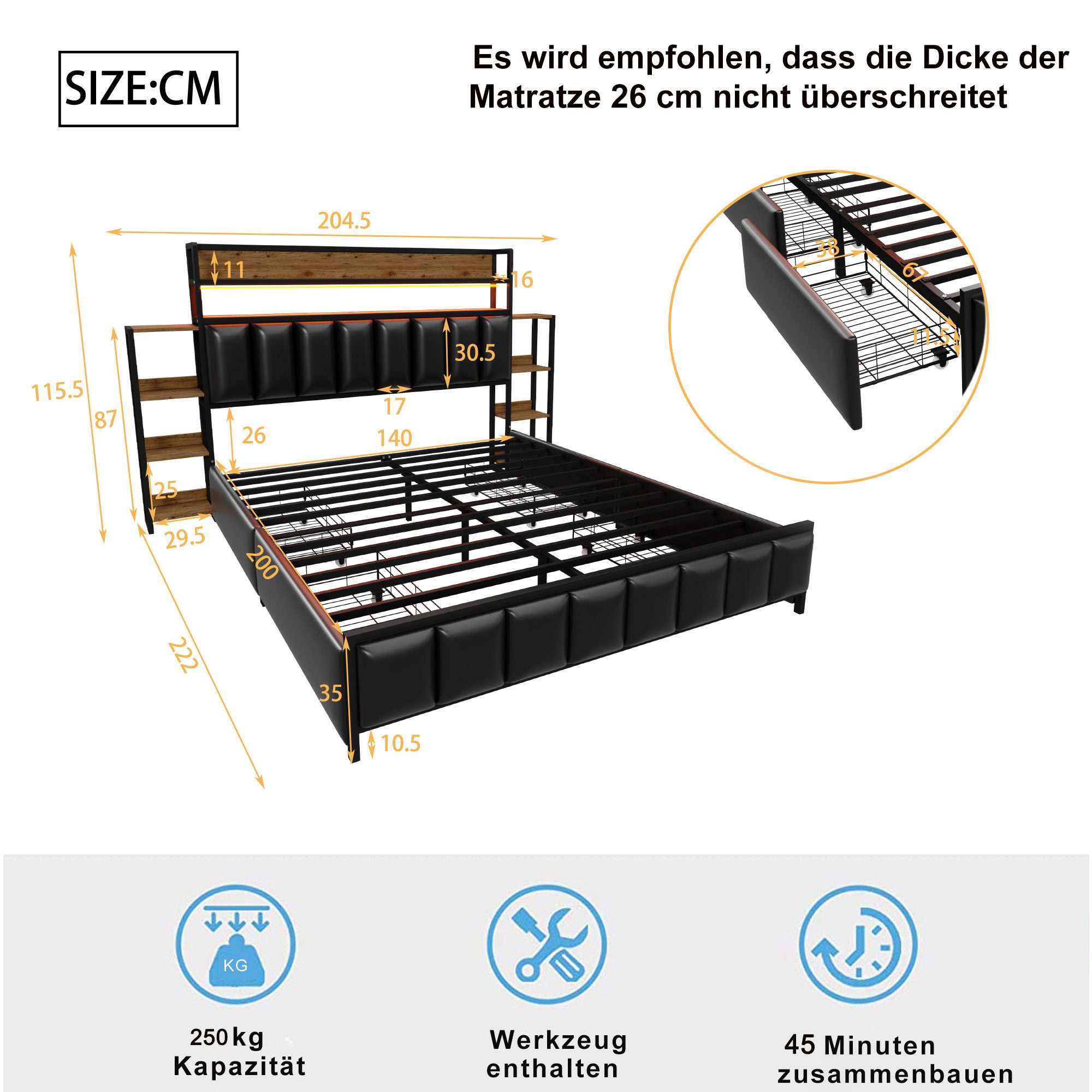 Flieks Metallbett, LED Polsterbett Doppelbett 140x200cm mit Stauraumregale, günstig online kaufen
