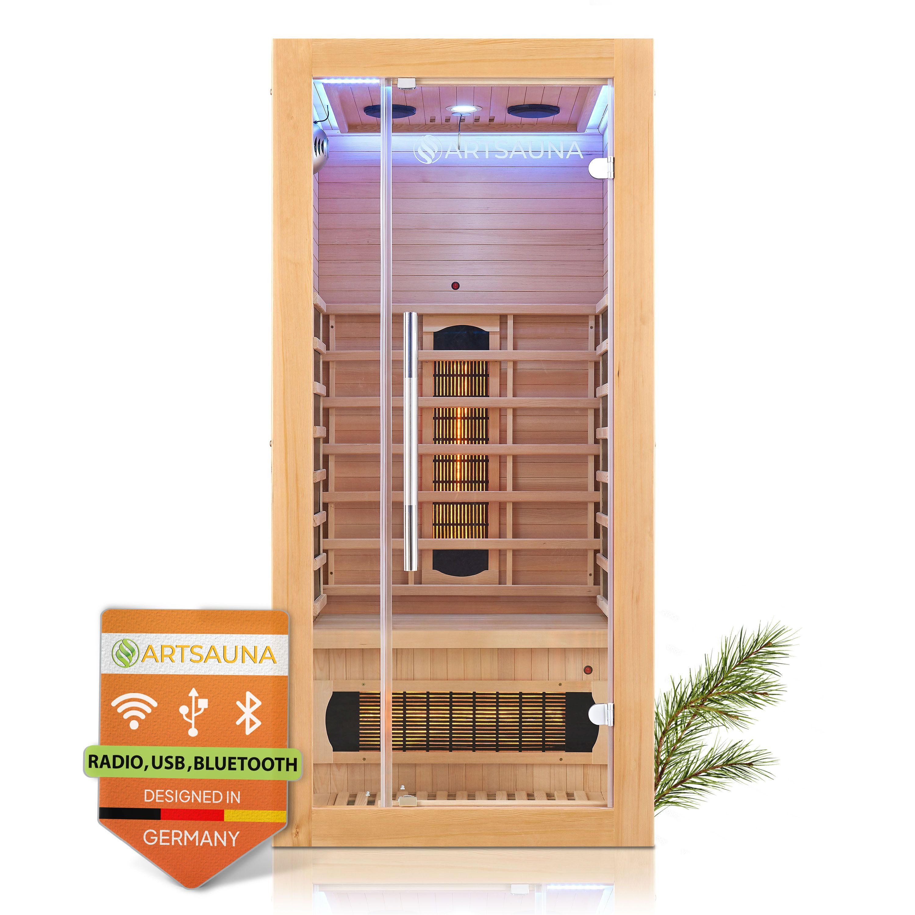 Artsauna Infrarotkabine Kiruna90 Dual Technologie, BxTxH: 90 x 90 x 190 cm, für 1 Personen, Hemlockholz, HiFi-System, Bluetooth, LED-Farblicht