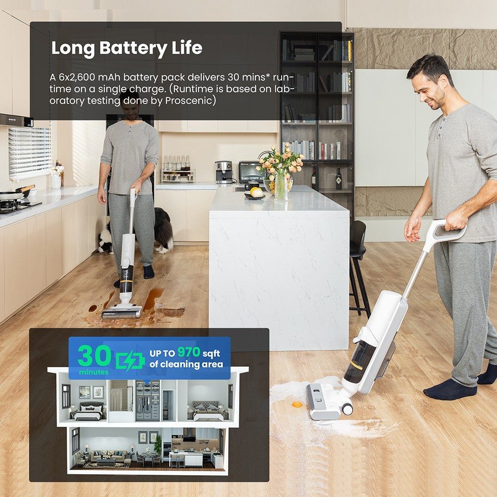 Proscenic Nass-Trocken-Akkusauger F10 Pro Kabelloser Staubsauger und Wischmopp, 30 Min. Laufzeit, Selbstreinigung, Rundum-Kantenreinigung, Doppel-Wassertank