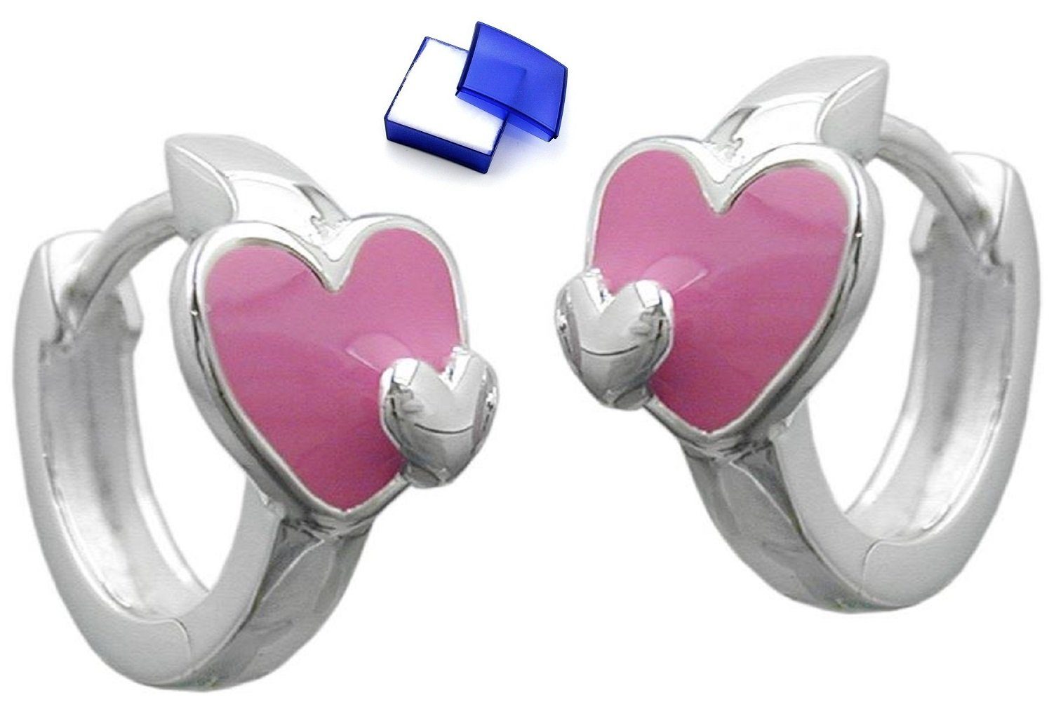 unbespielt Paar Creolen Ohrringe Herz pink farbig lackiert 925 Silber 12 x 2 mm Schmuckbox, Silberschmuck für Kinder