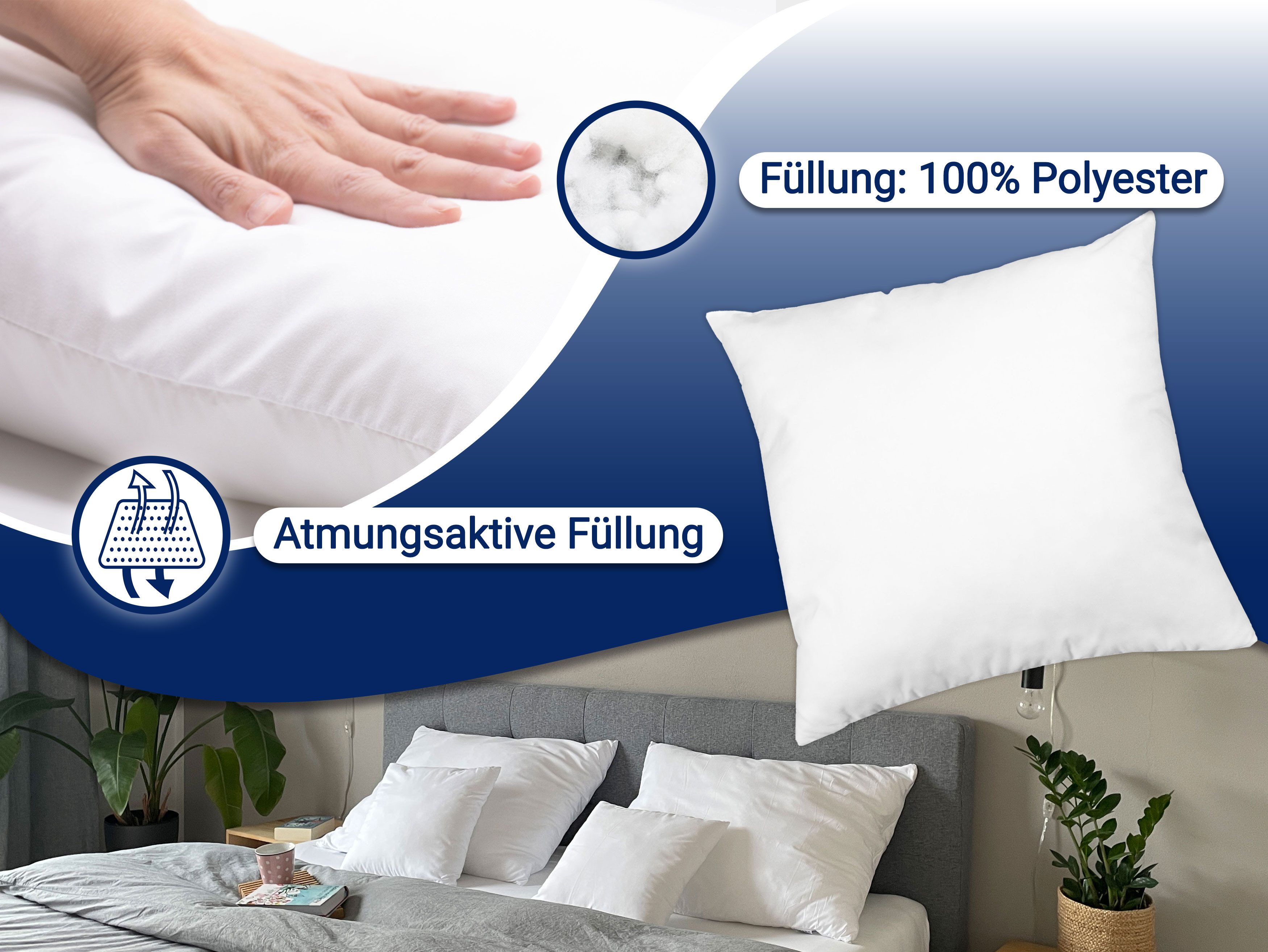 ZOLLNER Kopfkissen, Füllung: 100% Polyester, Seitenschläfer, Bauchschläfer, Rückenschläfer, Spar-Set, 40 x 40 cm, 100% Polyester, vom Hotelwäschespezialisten