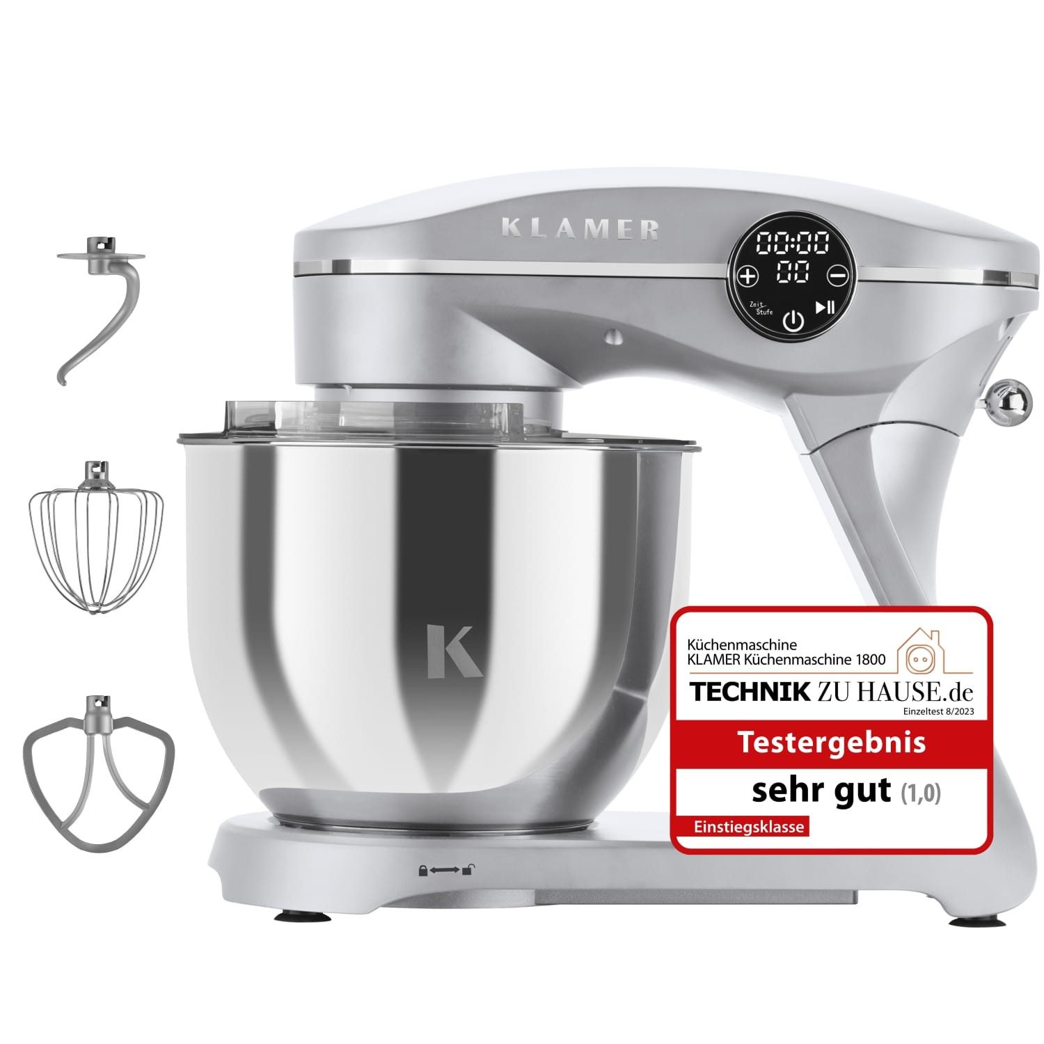 KLAMER Küchenmaschine 1800W, 6L Edelstahl-Schüssel, Knetmaschine mit 10 Geschwindigkeiten & Timer, silber, 1800 W, 6 l Schüssel, Spritzschutz, 3 Werkzeuge, Saugfüße, digitales Display, Timer