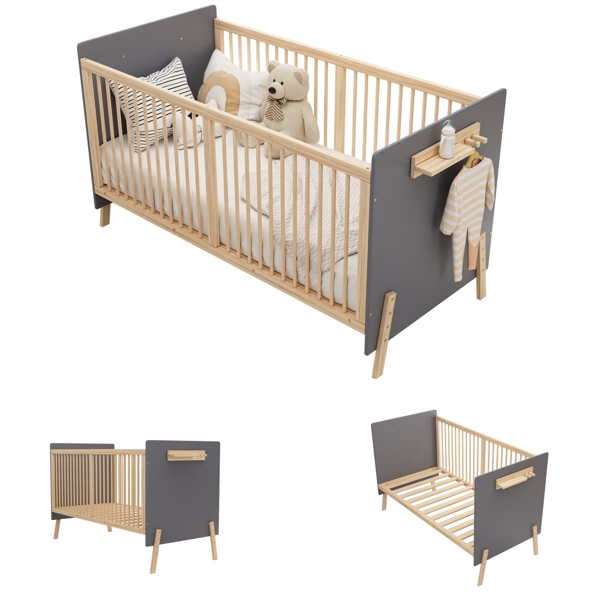 BlingBin Babybett Multifunktionales Babybett,Höhenverstellbar Kinderbett Massivholzbett, 1-tlg., Als Anschlussbett/Sofabett Nutzbar,Ohne Matratze,Blaugrau+Naturholz