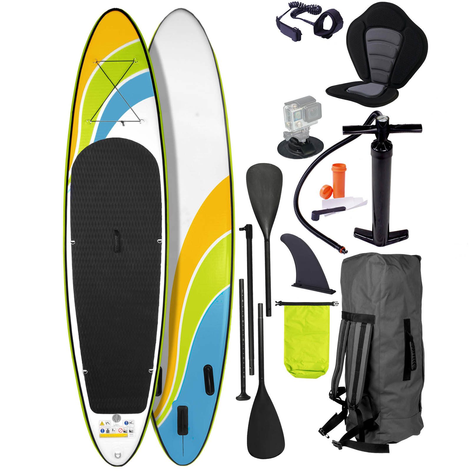 BRAST SUP-Board Wave Design Aufblasbares Stand up Paddle Set 300-365cm, (5 Jahre Garantie inkl. Sonderzubehör, 2in1 Paddel Kajak-Sitz Action-Cam-Halterung), Fußschlaufe Paddel Pumpe Rucksack