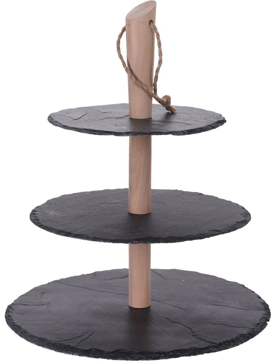 Spetebo Etagere Schiefer Etagere 3-stöckig - 36 cm, Schiefer, Holz, (Stück, 1-tlg., Servierständer), Servierplatte mit Holz Ständer