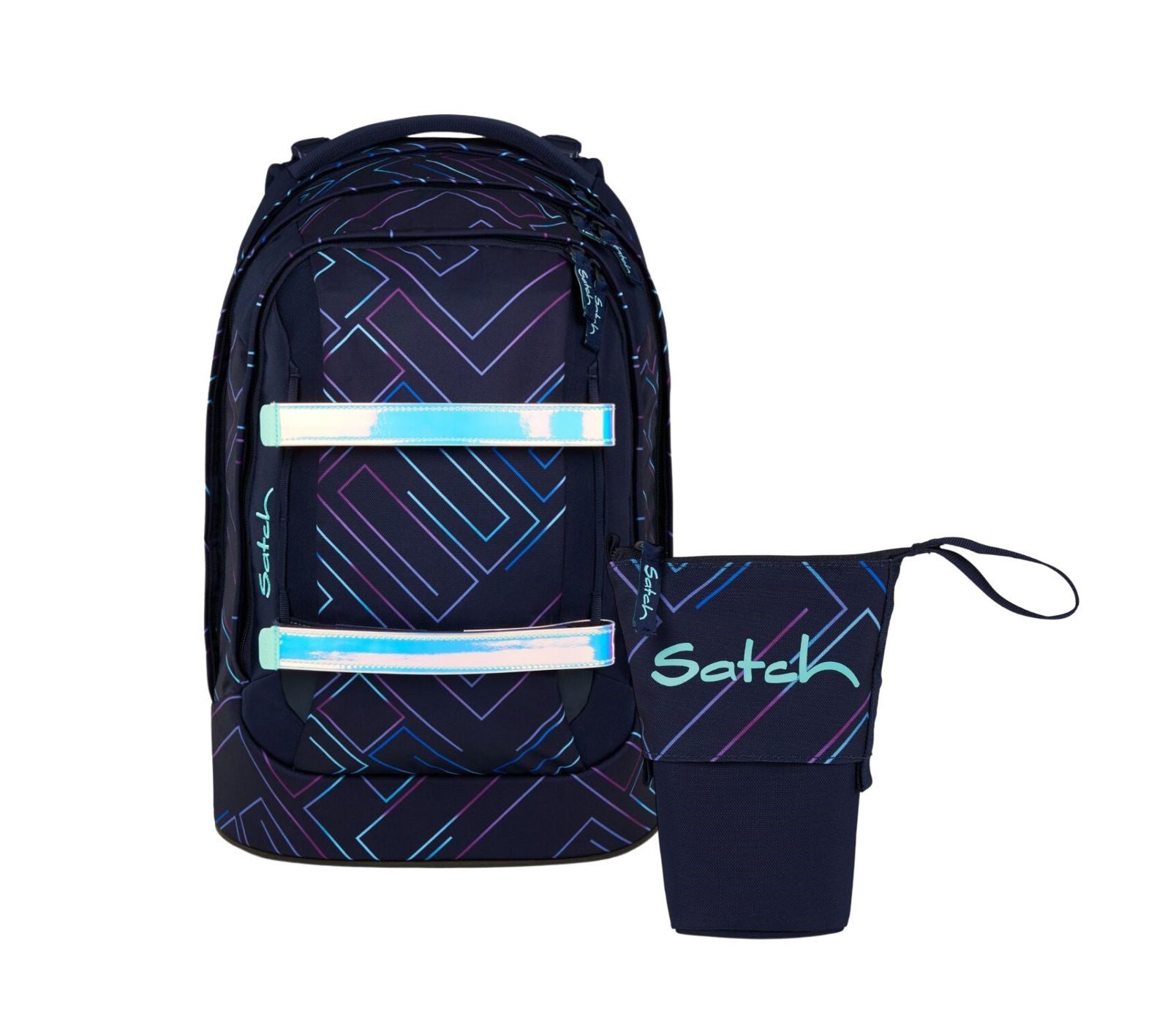 Satch Schulranzen Schulrucksack-Set PACK Purple Laser 2-teilig (2-teilig), ergonomisch, Your-Size-System: auf Körpergröße anpassbar