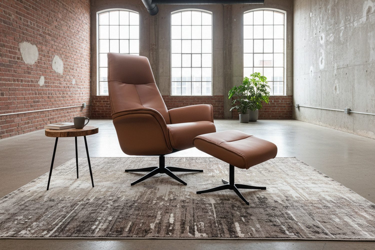 KAWOLA Relaxsessel JOSIANE Leder braun Komfort Drehsessel – Bequem, 360° drehbar, Relaxfunktion, Kopfstütze, inklusive Fußhocker