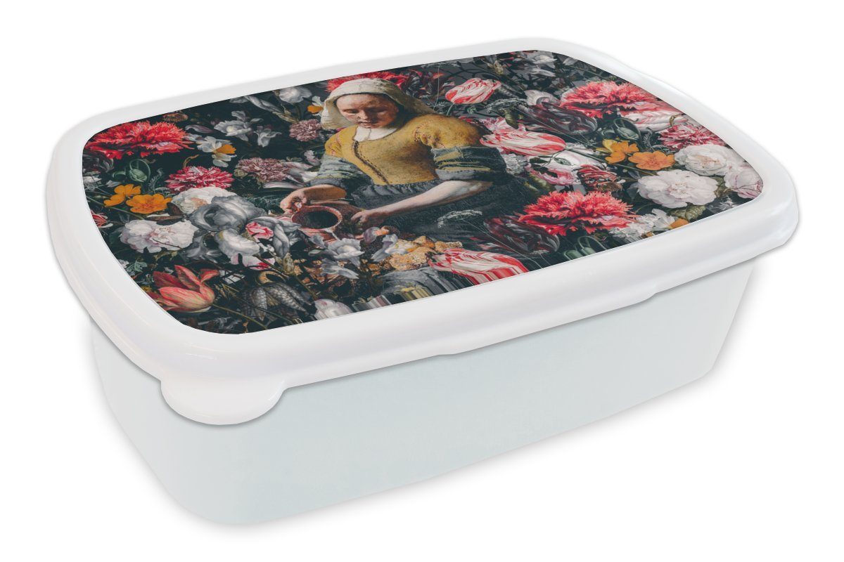 MuchoWow Lunchbox Milchmädchen - Johannes Vermeer - Blumen, Kunststoff, (2-tlg), Brotbox für Kinder und Erwachsene, Brotdose, für Jungs und Mädchen weiß