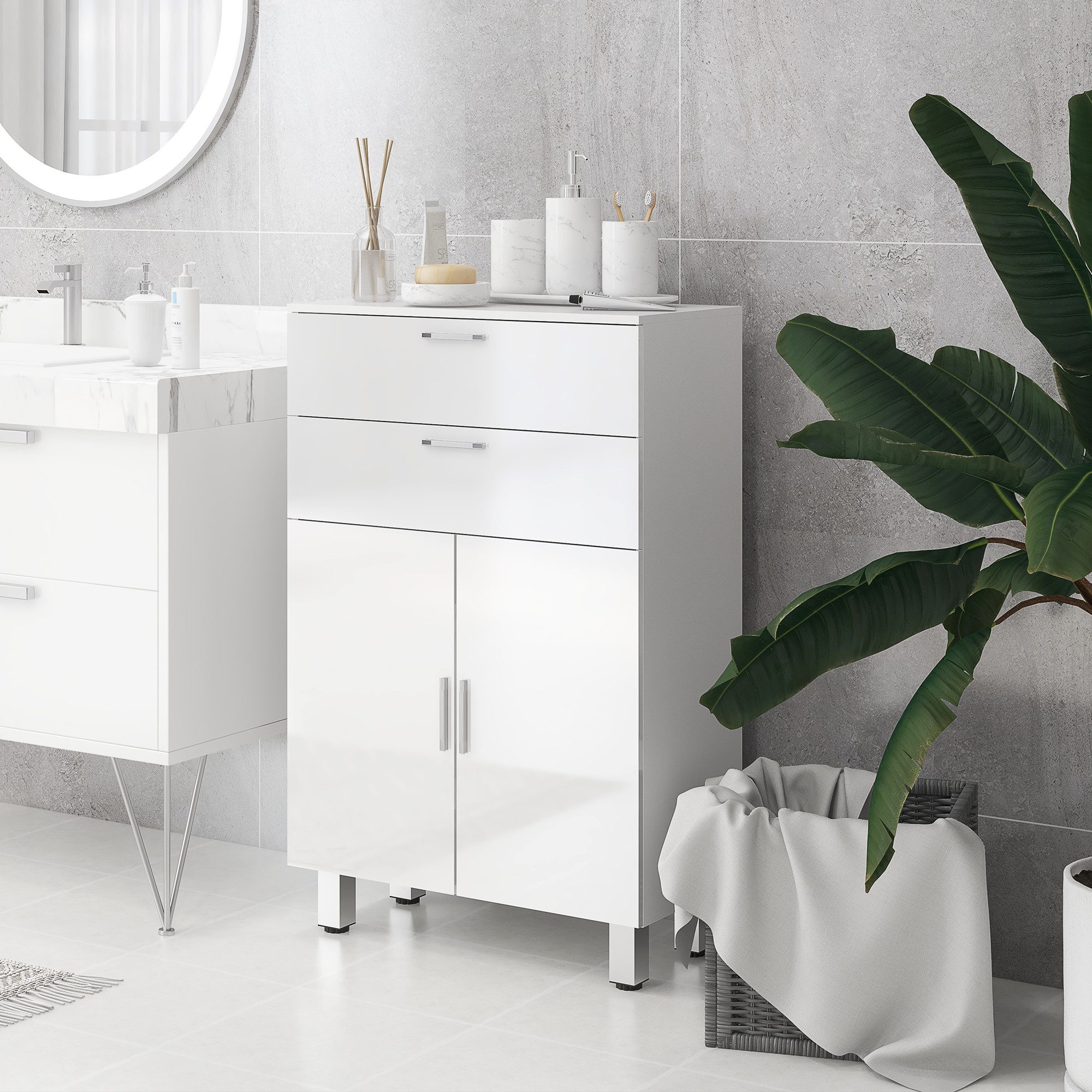 Kleankin Badkommode Badezimmerschrank, Badschrank, für Badezimmer, kleine Räume (Badezimmer-Aufbewahrungsschrank, 1 St., mit Schublade, verstellbare Regale), 60 x 30 x 93 cm, Weiß